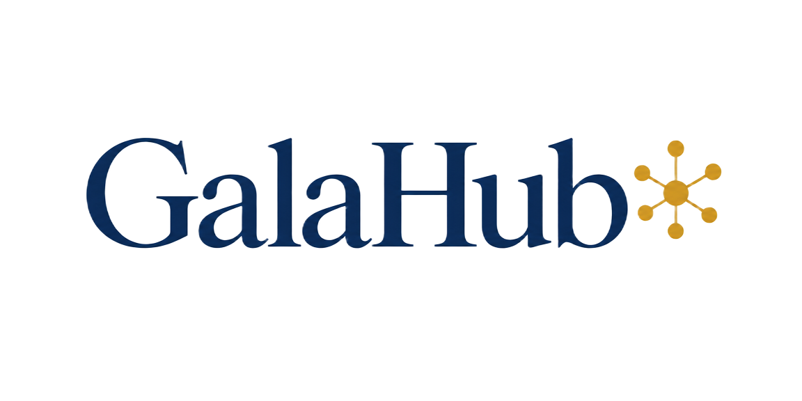GalaHub Logo: Schriftzug in Dunkelblau mit goldenem Netzwerk-Symbol GalaHub Logo: Schriftzug in Dunkelblau mit goldenem Netzwerk-Symbol