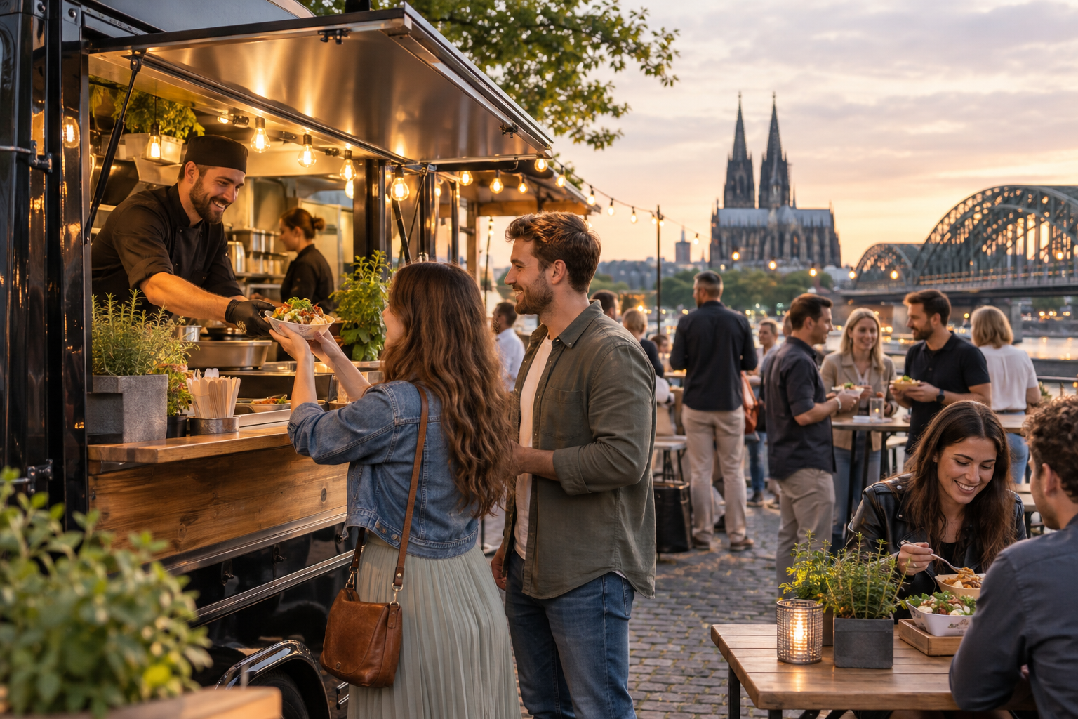 Foodtrucks für genussvolle Events in Köln und Umgebung Foodtrucks in Köln mit offenen Ausgabetheken, frisch belegten Burgern und Gästen beim Bestellen
