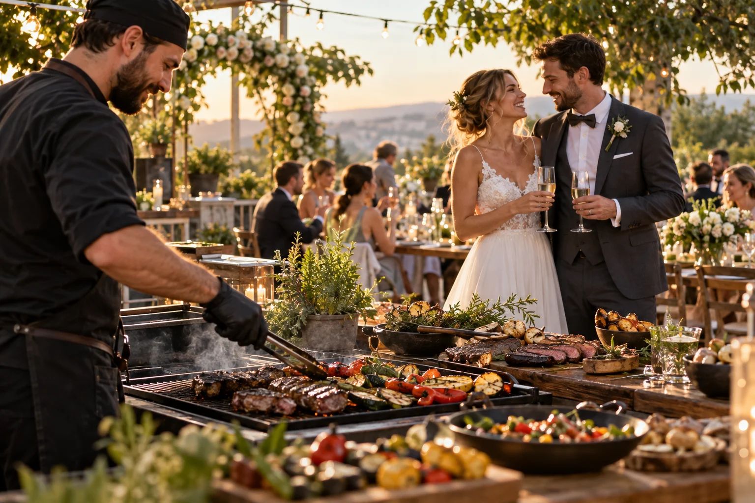 Hochzeitcatering mit BBQ und Grillgenuss im DACH-Raum Hochzeitcatering im DACH-Raum: Grillgemüse und Grillspezialitäten am Buffet neben festlich gedeckten Tischen