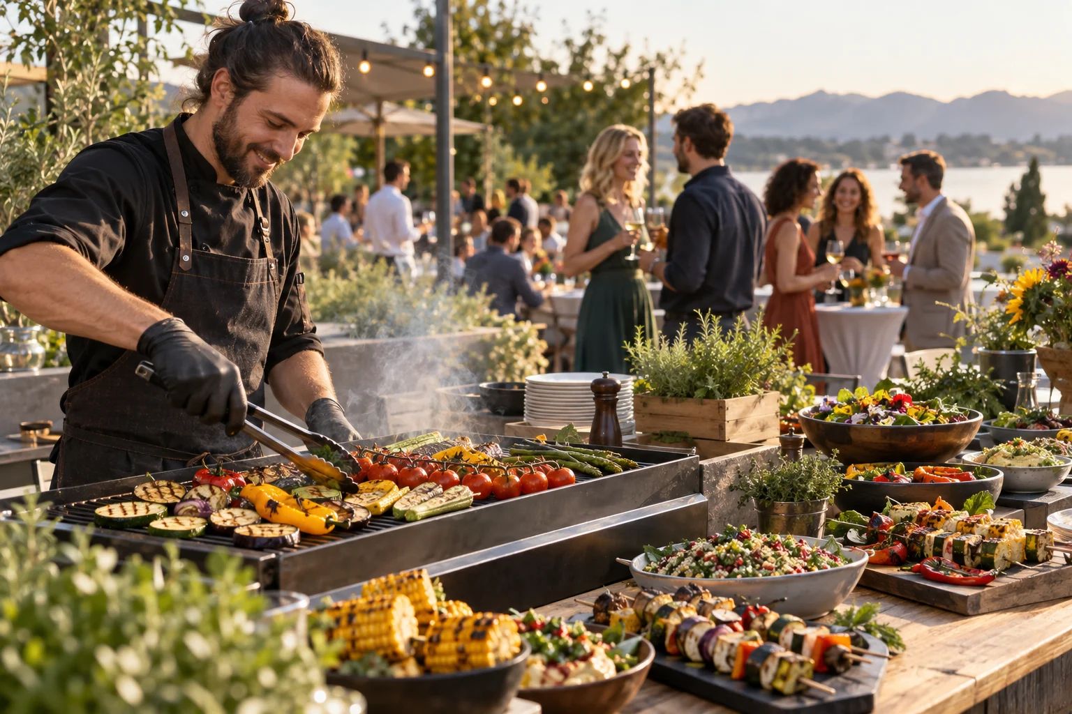 Vegetarisches und veganes BBQ Catering im DACH-Raum Vegie / Vegan BBQ Catering im DACH-Raum: Gemüsespieße und Mais auf dem Grill neben einem pflanzlichen Buffet