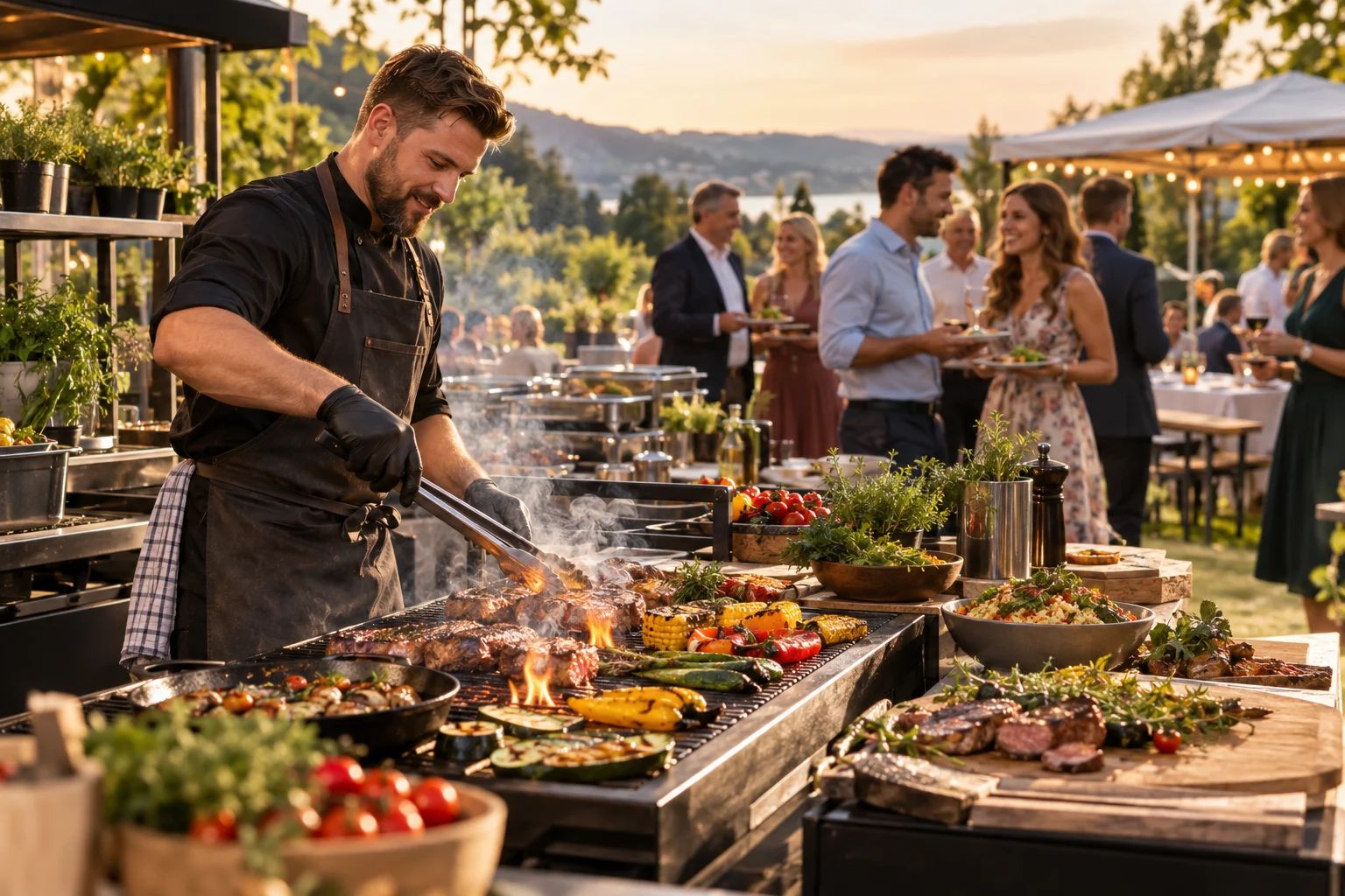 Grill-Catering im DACH-Raum – gemeinsam genießen Grill-Catering im DACH-Raum: Gemüse und Grillspezialitäten auf einer mobilen Grillstation vor gedeckten Tischen