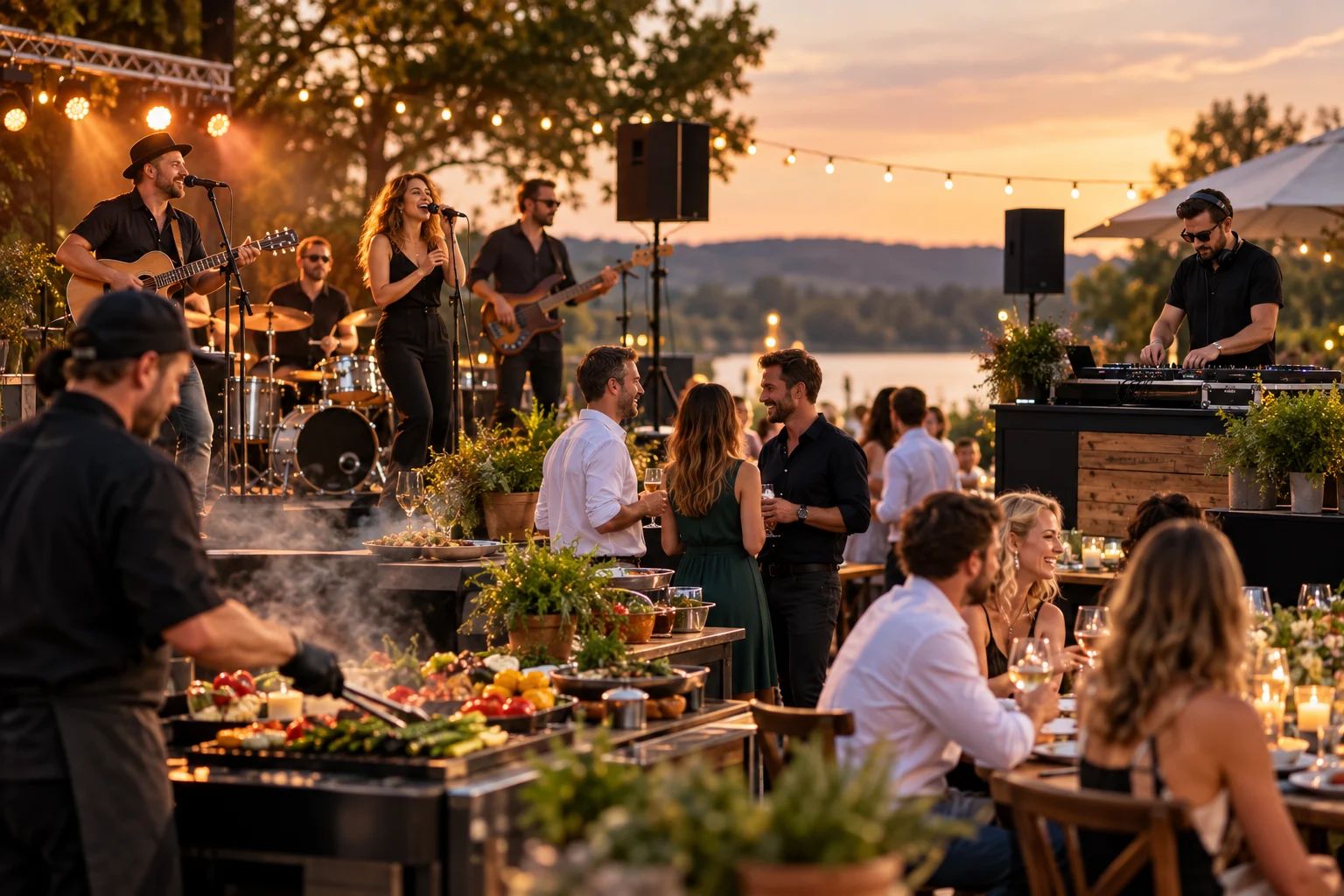 Künstler, Bands und DJs für dein BBQ-Event im DACH-Raum Künstler, Bands und DJs im DACH-Raum: Live-Band neben einem Grillbuffet mit Gemüse und Grillspezialitäten