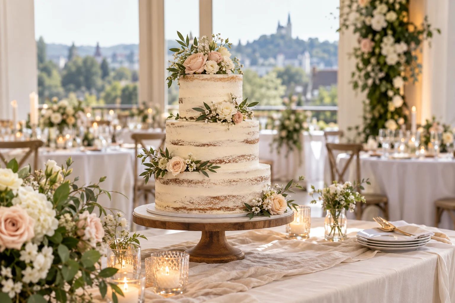 Hochzeitstorte & Konditoreien in Siegburg und im Rhein-Sieg-Kreis Dreistöckige Hochzeitstorte mit weißer Creme und feinen Blüten auf einer festlich gedeckten Tafel in Siegburg