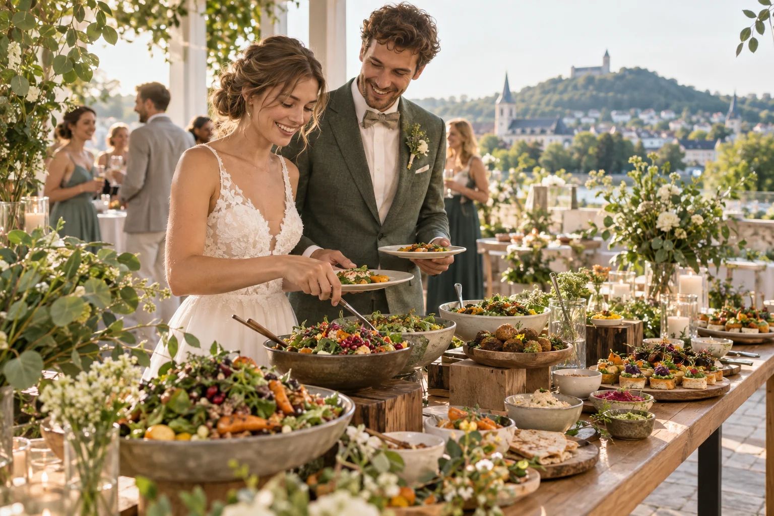 Vegetarisches und veganes Hochzeitscatering in Siegburg Vegie / Vegan Catering in Siegburg: festliches Buffet mit Gemüsehäppchen, Salaten und pflanzlichen Dips
