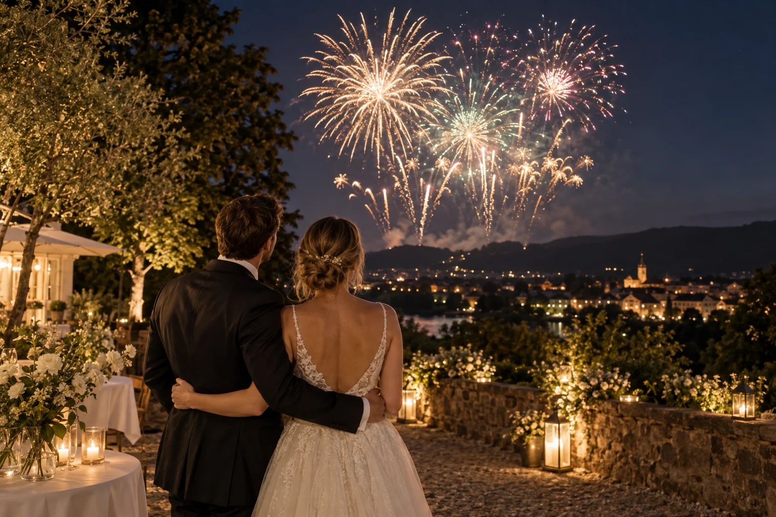 Feuerwerk zur Hochzeit in Siegburg und im Rhein-Sieg-Kreis Goldenes Feuerwerk am Nachthimmel über einer Hochzeitstafel im Rhein-Sieg-Kreis