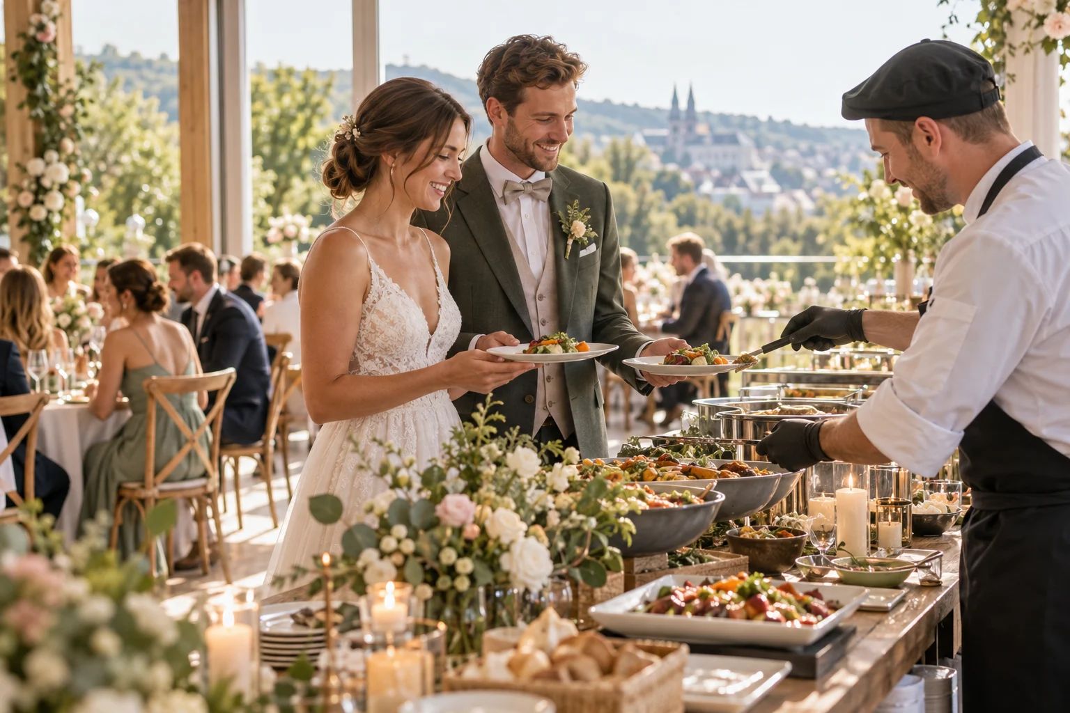 Hochzeitcatering in Siegburg und im Rhein-Sieg-Kreis Hochzeitcatering in Siegburg: festlich gedeckte Tafel mit angerichteten Tellern, Stoffservietten und Blumenschmuck