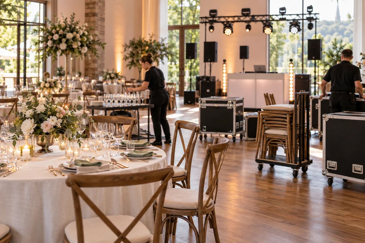Equipment für eure Hochzeit in Siegburg und im Rhein-Sieg-Kreis Equipment-Verleih für Hochzeiten in Siegburg: gedeckte Tafel mit Gläsern, Geschirr und hellen Stühlen
