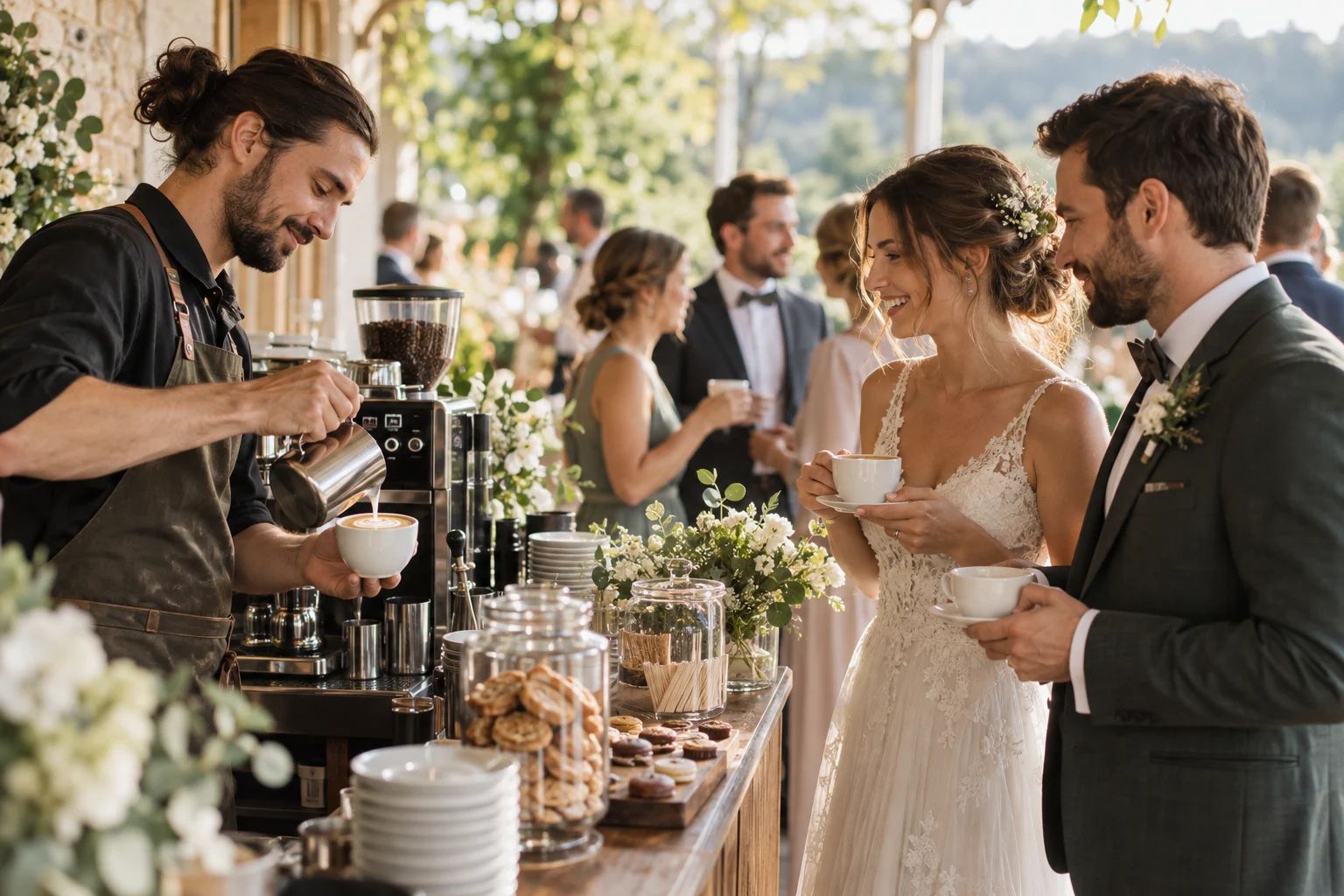 Barista für eure Hochzeit in Siegburg und im Rhein-Sieg-Kreis Barista bereitet Cappuccino an einer mobilen Kaffeebar für eine Hochzeit in Siegburg zu