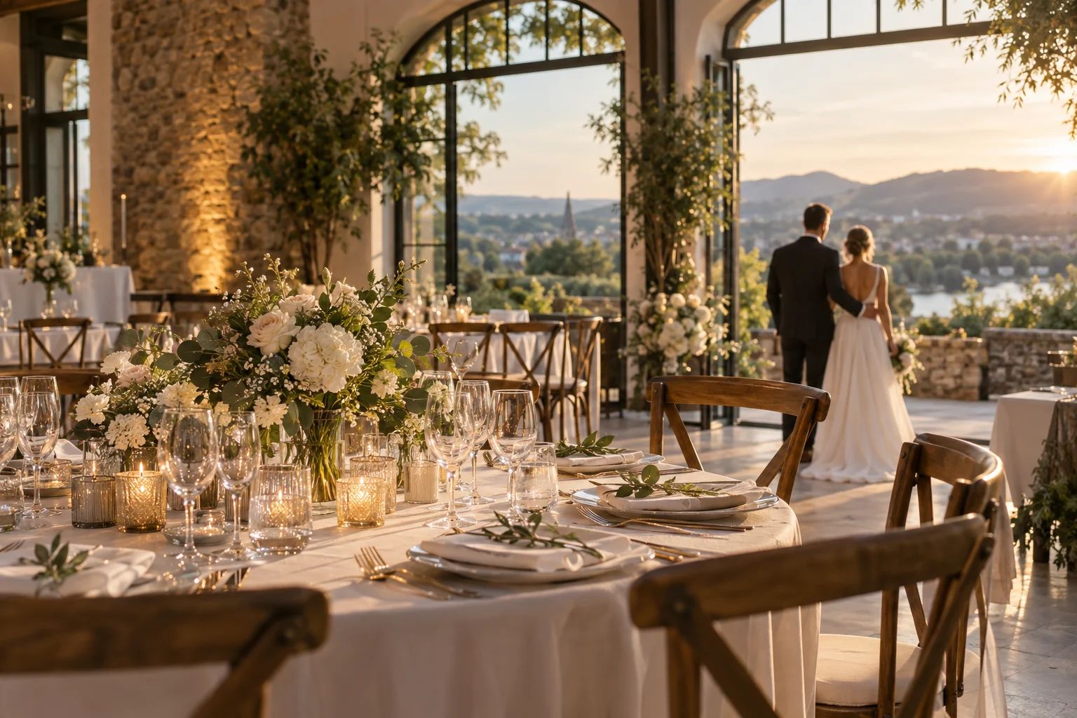 Ein stilvoller Rahmen: Hochzeitslocations in Siegburg Hochzeitslocation in Siegburg: lichtdurchfluteter Festsaal mit gedeckten Tafeln und Blumenschmuck