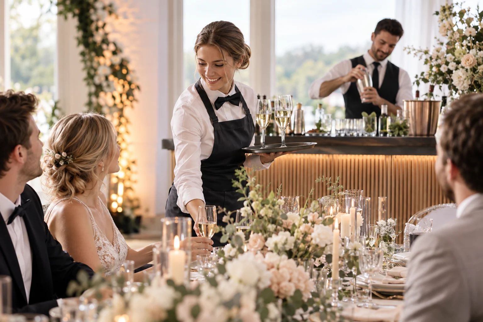 Service- & Barpersonal für Ihre Hochzeit in Siegburg Service- & Barpersonal bei einer Hochzeit in Siegburg: Ein Barkeeper schenkt Getränke an einer festlichen Bar ein.