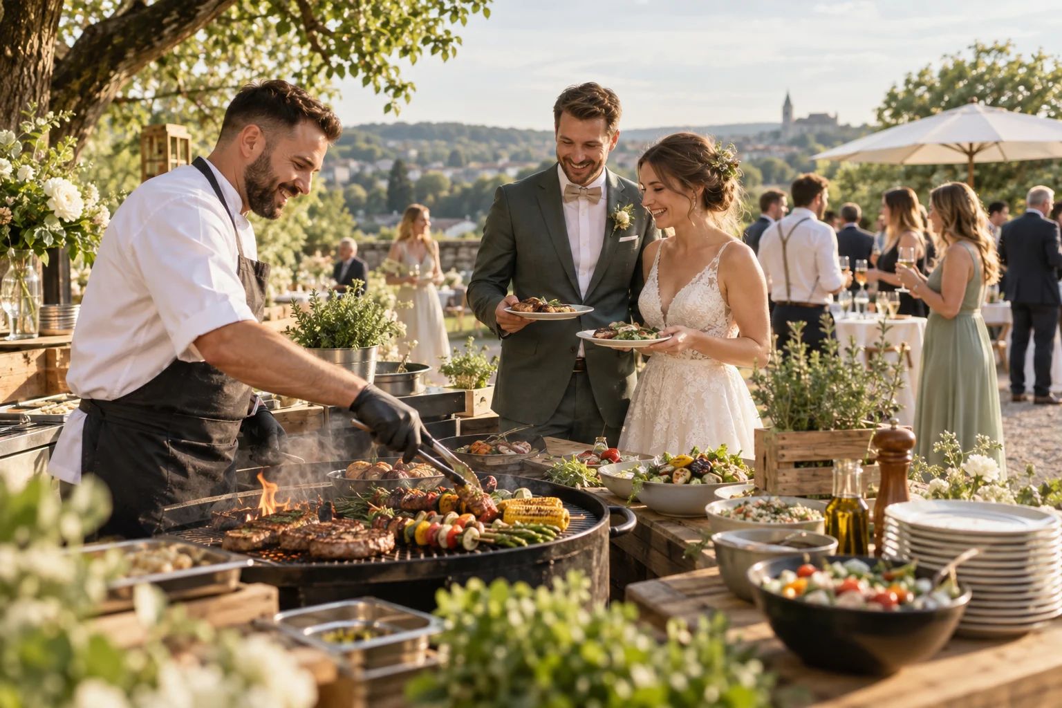 Grill-Catering für eure Hochzeit in Siegburg Grill-Catering für eine Hochzeit in Siegburg: Grillgemüse und angerichtete Speisen auf einem festlichen Buffet