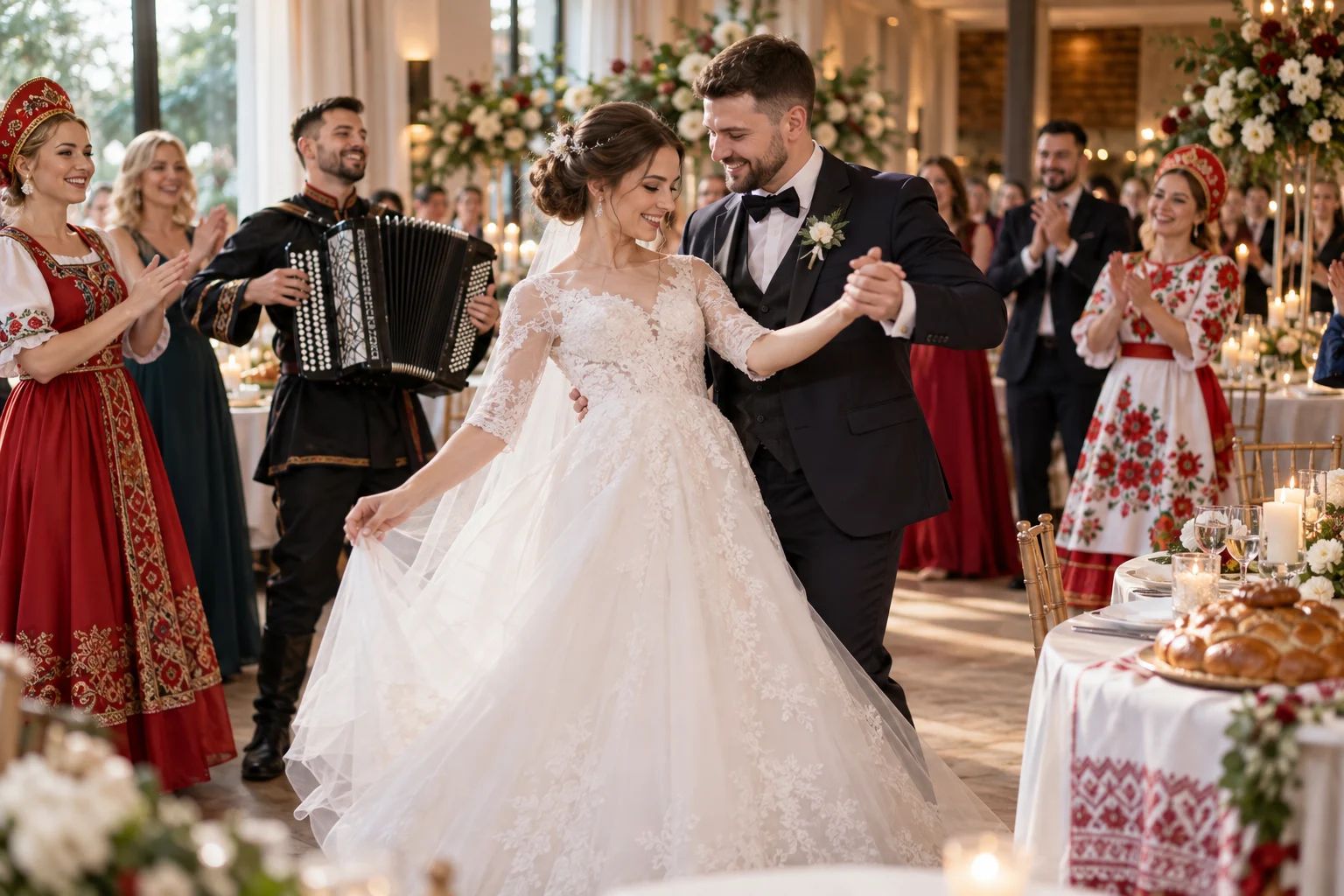 Russische Hochzeit in Siegburg und im Rhein-Sieg-Kreis Russische Hochzeit im Rhein-Sieg-Kreis: festlich gedeckte Tafel mit Blumen, Kerzen und feinem Geschirr