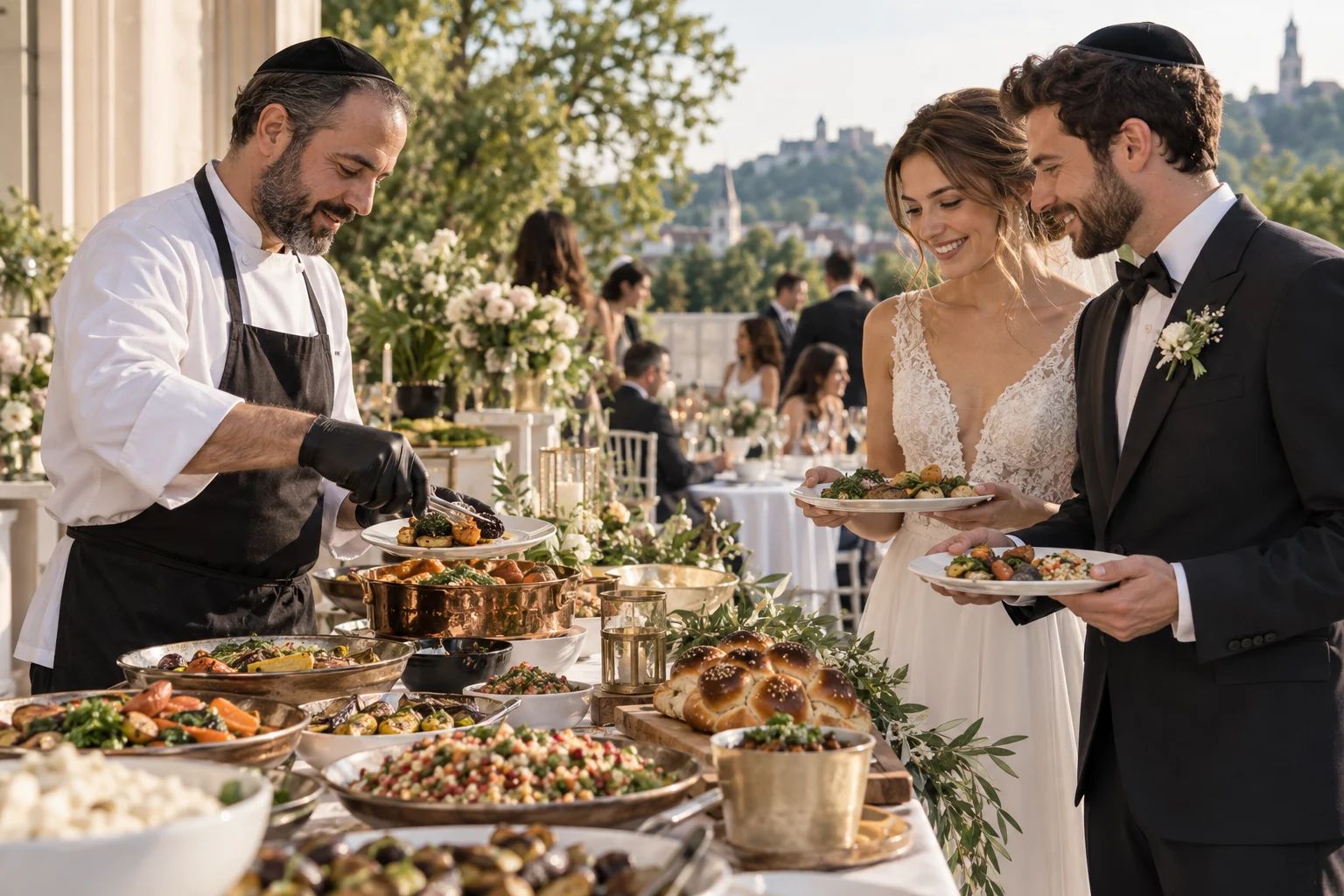 Koscheres Catering für eure Hochzeit in Siegburg Koscheres Catering in Siegburg: festlich gedeckte Hochzeitstafel mit Tellern, Gläsern und floralen Details
