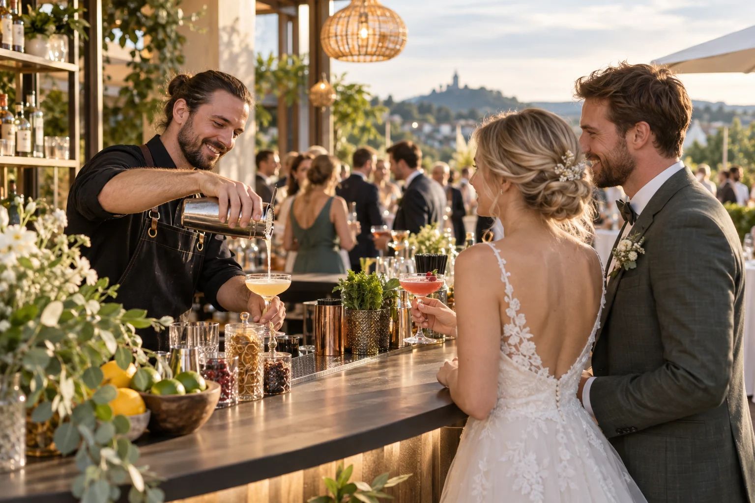 Barkeeper & Cocktails für eure Hochzeit in Siegburg Barkeeper mixt Cocktails an einer Hochzeitsbar in Siegburg, daneben Gläser und frische Zitrusfrüchte