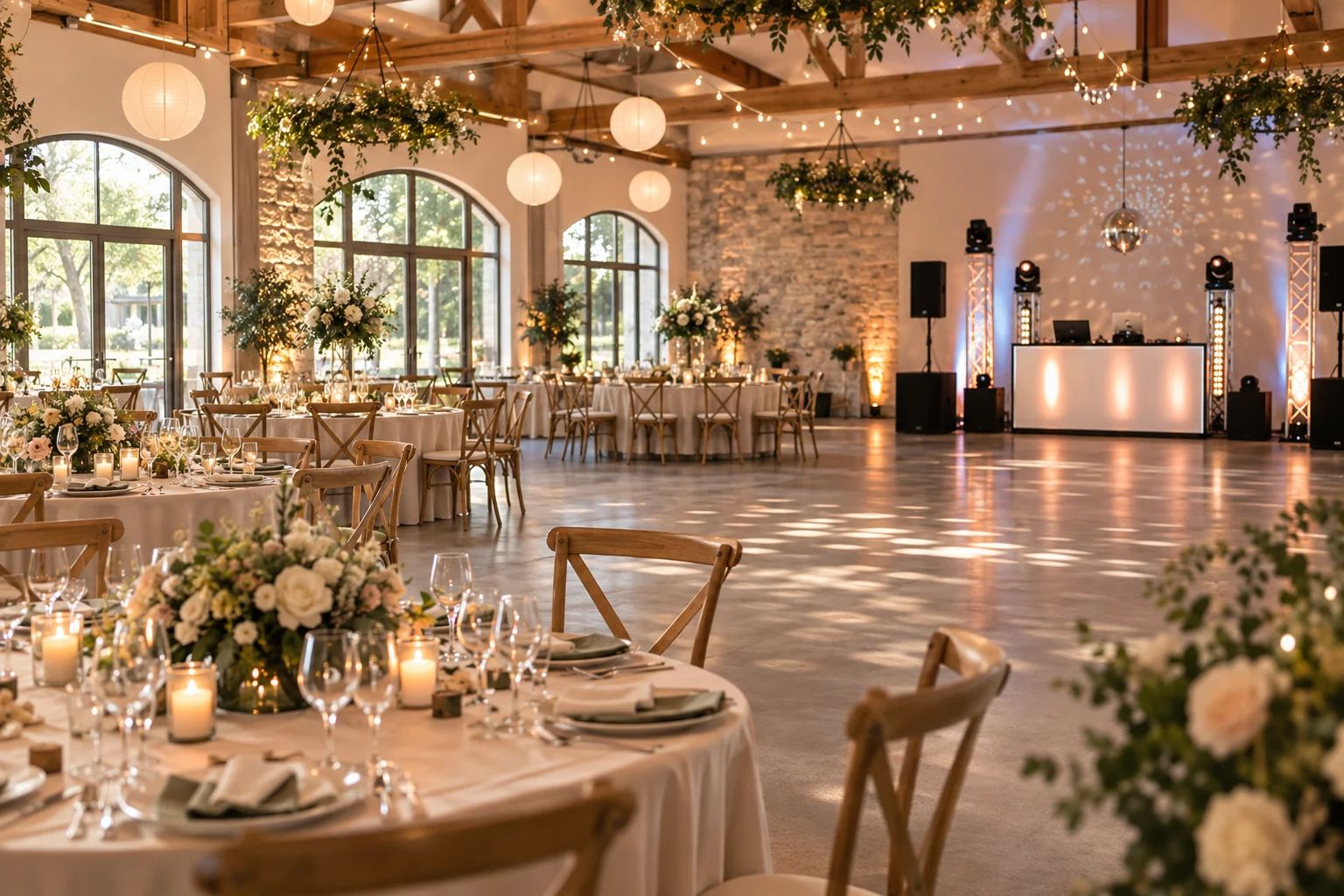 Partyräume für eure Hochzeit in Siegburg und im Rhein-Sieg-Kreis Partyräume in Siegburg und im Rhein-Sieg-Kreis: festlich gedeckte Tische mit Blumenschmuck neben einer Tanzfläche