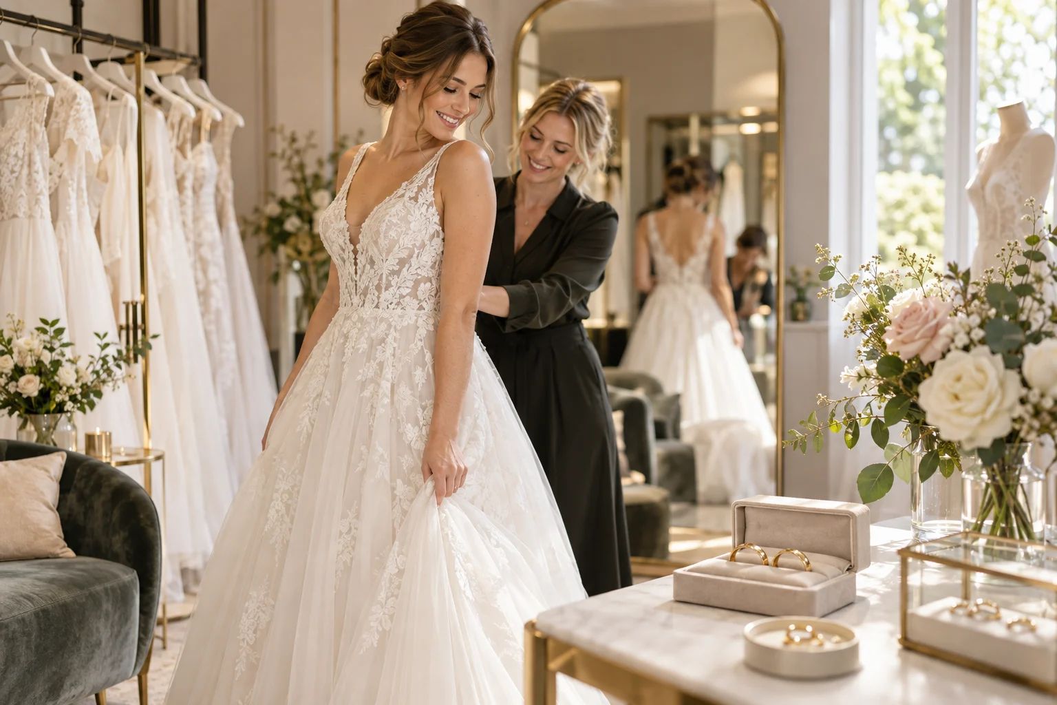 Brautmode & Ringe in Siegburg und im Rhein-Sieg-Kreis Brautmode & Ringe in Siegburg: Brautkleid aus fließendem Stoff neben zwei Trauringen auf einem Ringkissen