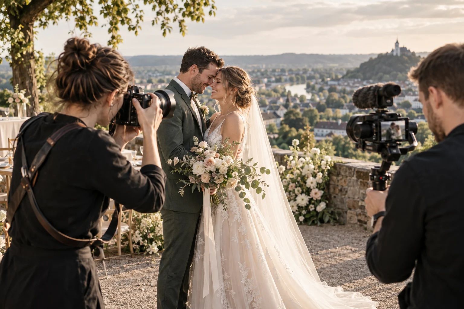 Fotografie & Video für eure Hochzeit in Siegburg Fotografie & Video in Siegburg: Hochzeitsfotograf fotografiert ein Brautpaar im sanften Tageslicht