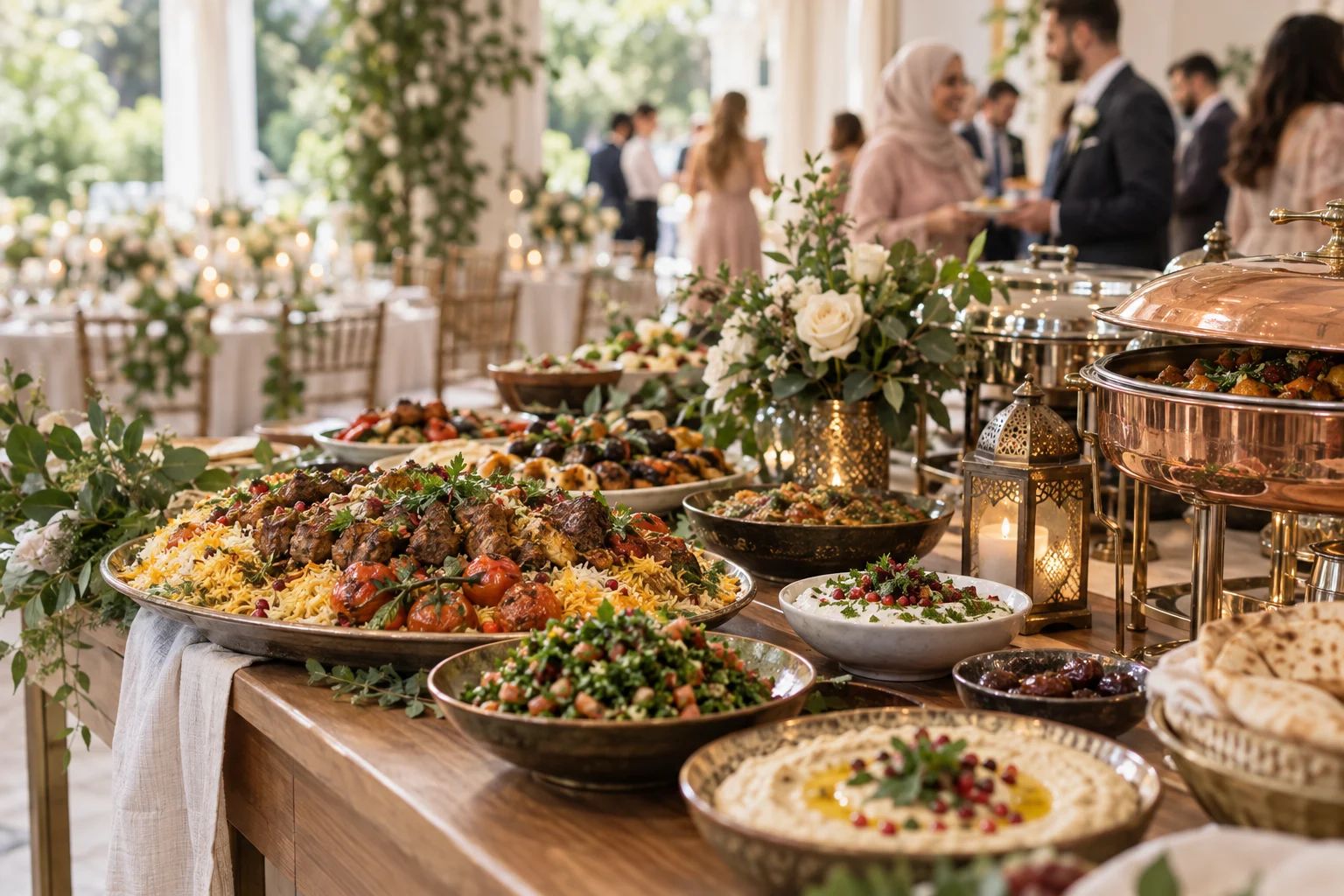 Halal Catering für Ihre Hochzeit in Siegburg Halal Catering für eine Hochzeit in Siegburg: festliches Buffet mit Reis, Gemüse und beschrifteten Speiseplatten