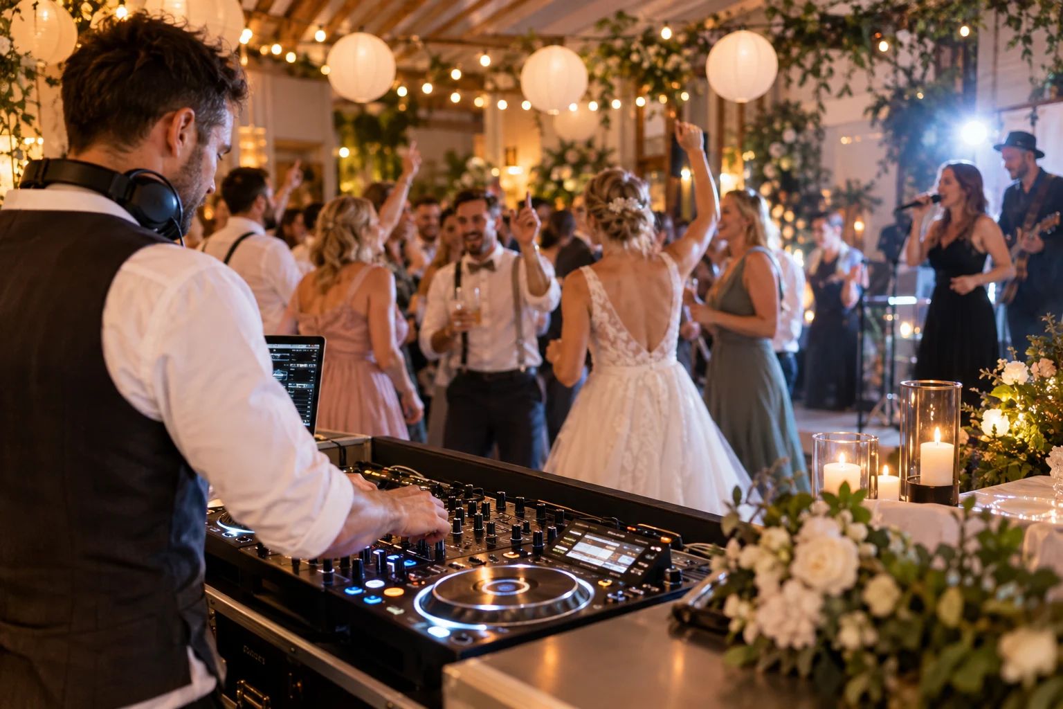 DJs & Musik für eure Hochzeit in Siegburg DJs & Musik in Siegburg: Hochzeits-DJ am Mischpult vor einer beleuchteten Tanzfläche