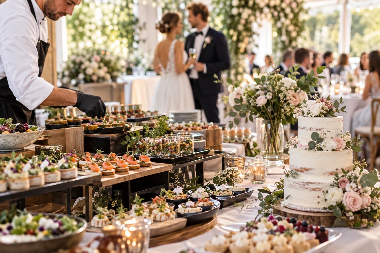 Hochzeitscatering in Deutschland – Genuss für euren Festtag Hochzeitscatering in Deutschland: festlich angerichtetes Buffet mit Fingerfood, Desserts und Blumenschmuck