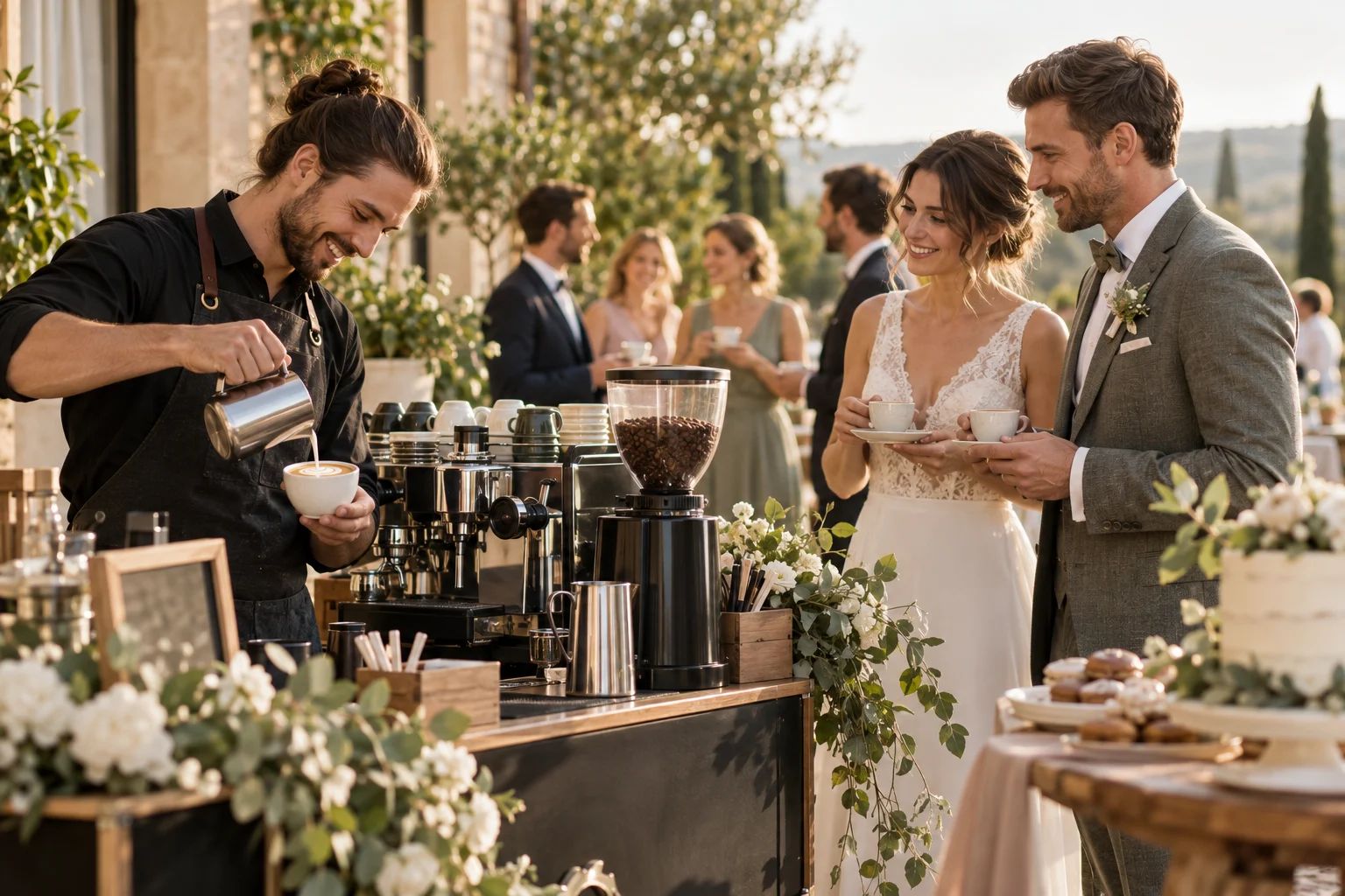 Barista für eure Hochzeit – Kaffeemomente mit Liebe zum Detail Barista gießt Milchschaum in einen Cappuccino an einer Kaffeebar für eine Hochzeit in Deutschland