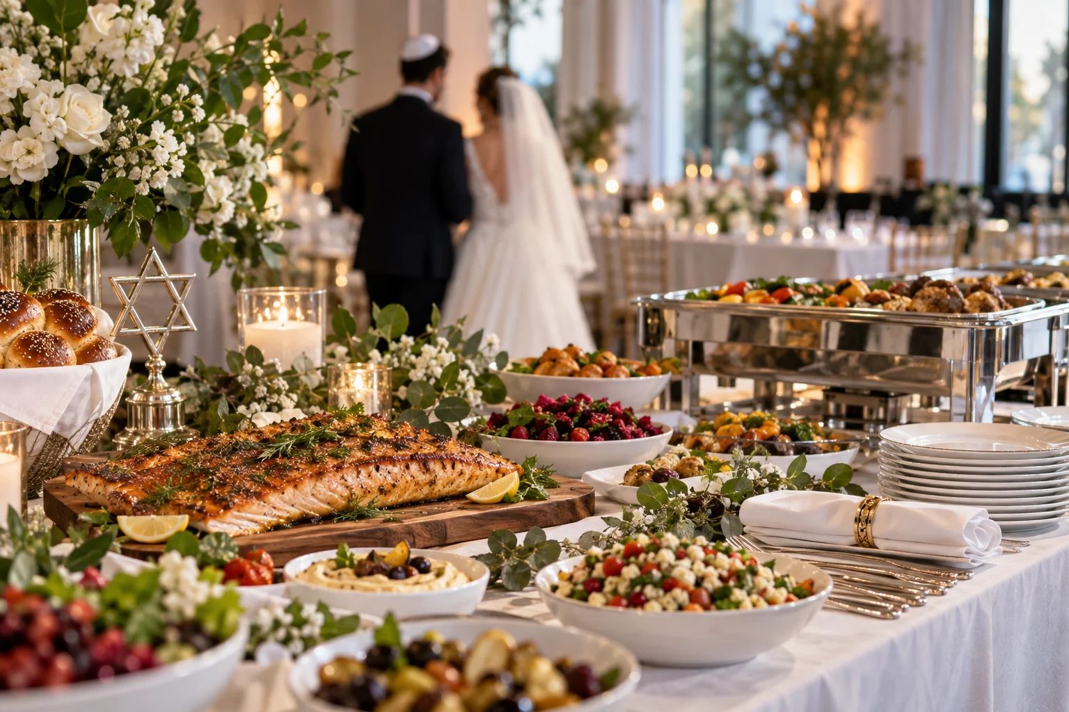 Koscheres Catering für eure Hochzeit in Deutschland Festlich gedeckte Hochzeitstafel mit weißen Blumen als Motiv für koscheres Catering in Deutschland