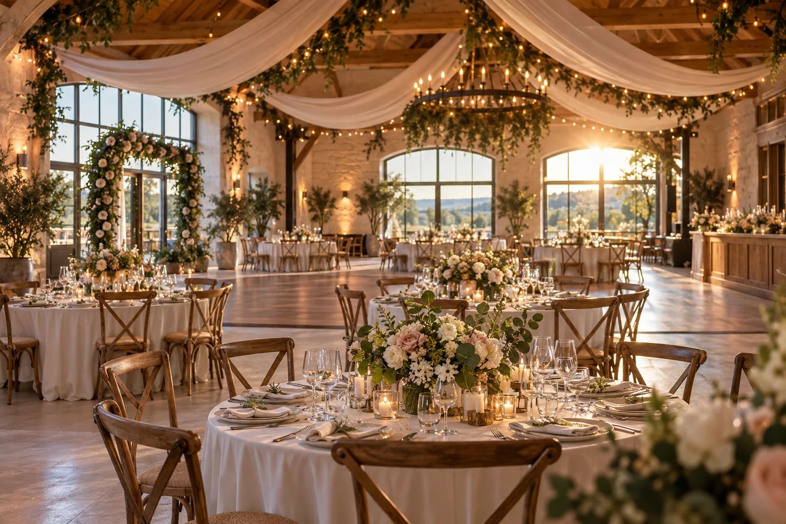 Hochzeitslocations in Deutschland – ein festlicher Rahmen für euer Ja Hochzeitslocation in Deutschland: festlicher Saal mit weiß gedeckten Tischen, Blumenschmuck und Kerzen