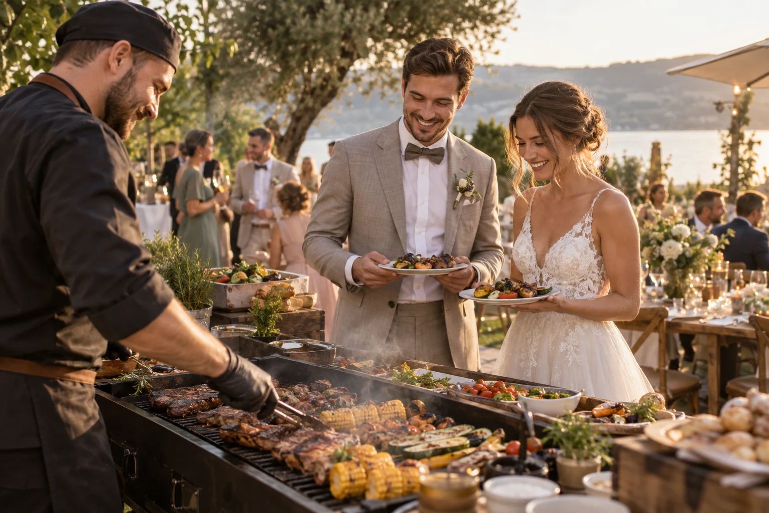 Grill Catering für eure Hochzeit – entspannt und festlich Grill Catering für eine Hochzeit in Deutschland: Gemüse auf dem Grill neben einer festlich gedeckten Tafel