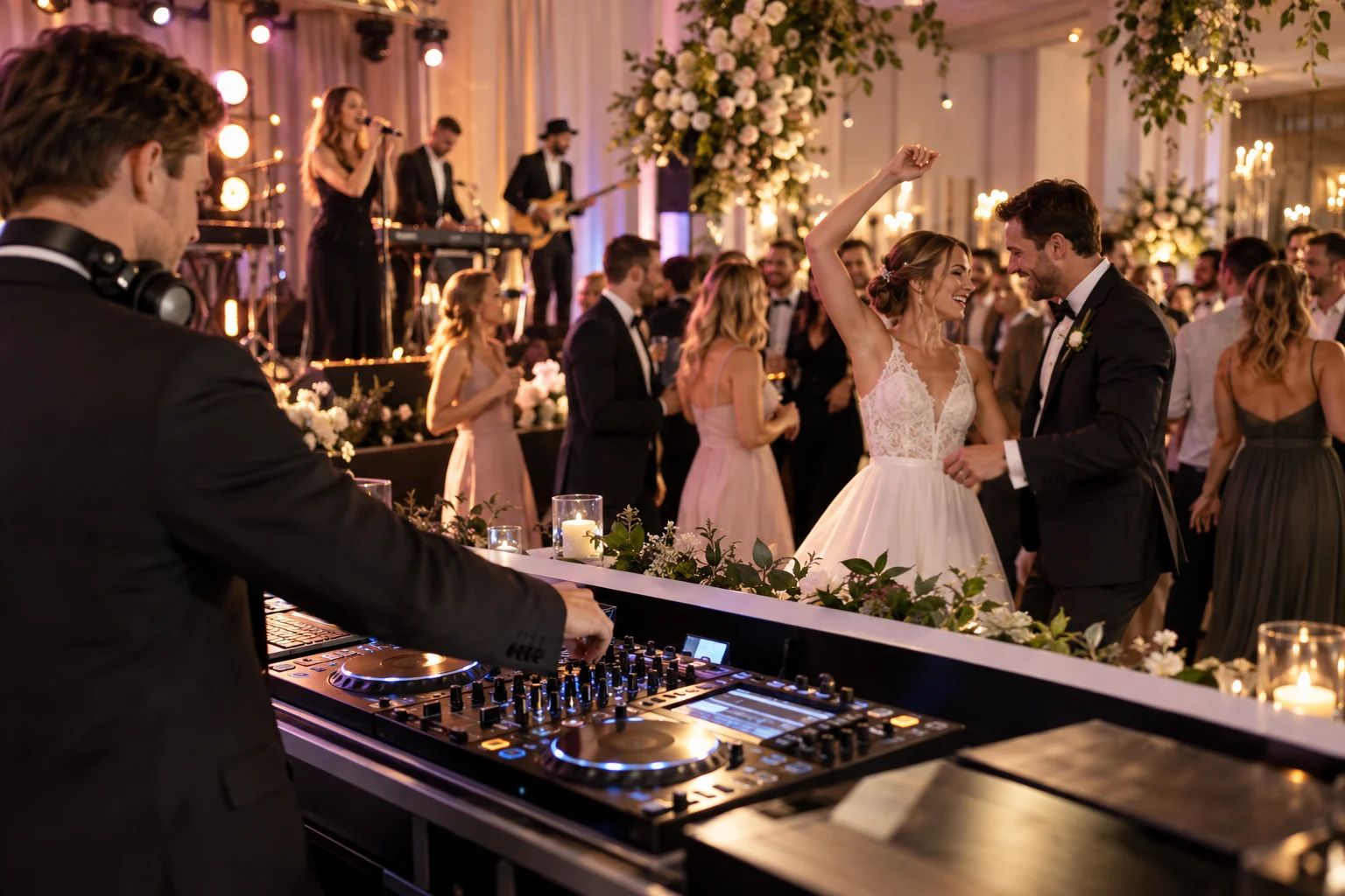 DJs & Musik für eure Hochzeit in Deutschland DJs & Musik für Hochzeiten in Deutschland: DJ am Mischpult vor einer festlich beleuchteten Tanzfläche