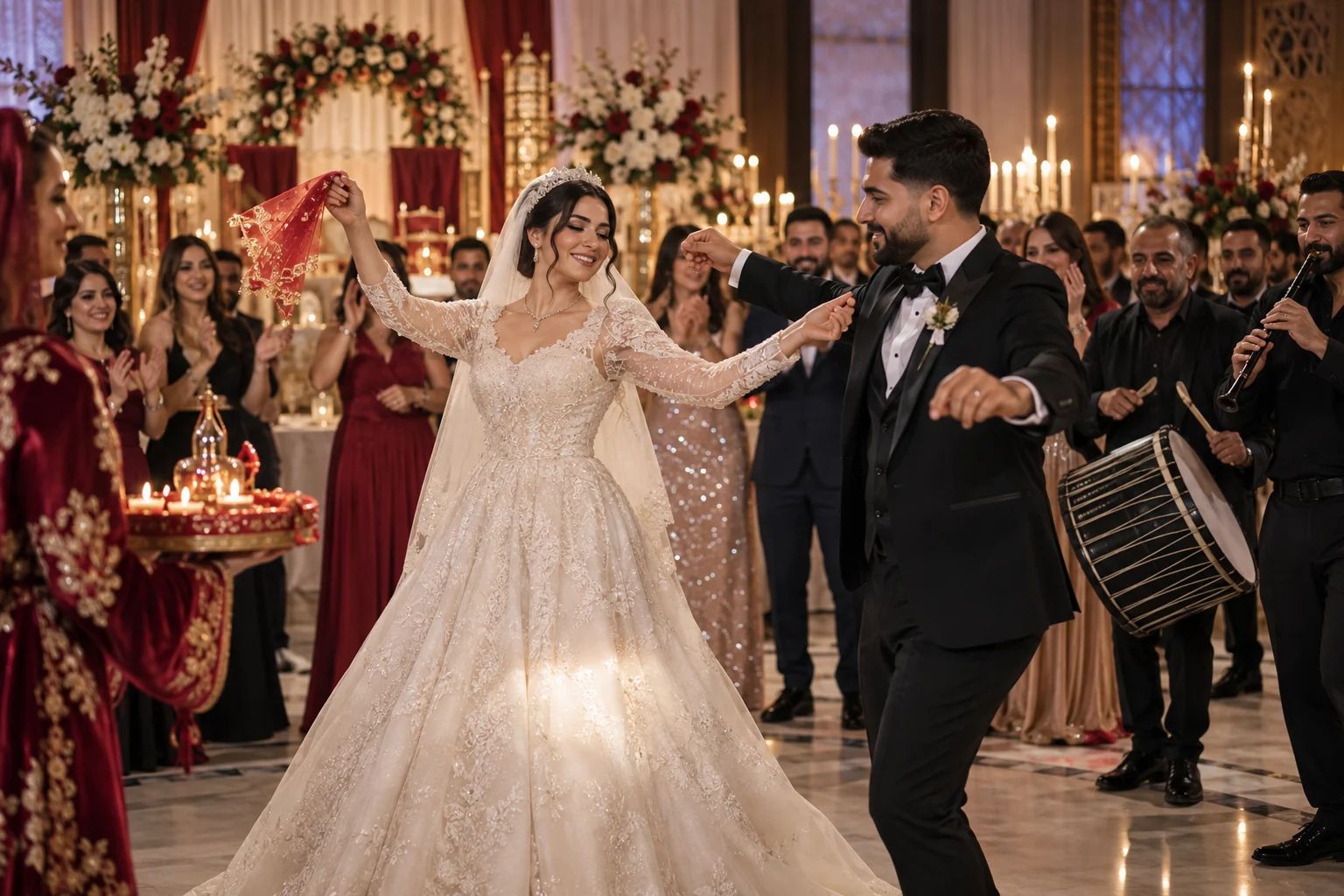 Türkische Hochzeit in Deutschland – festliches Ambiente Festlich gedeckte Tische mit Blumen und rotem Henna-Tablett als Motiv für eine türkische Hochzeit in Deutschland