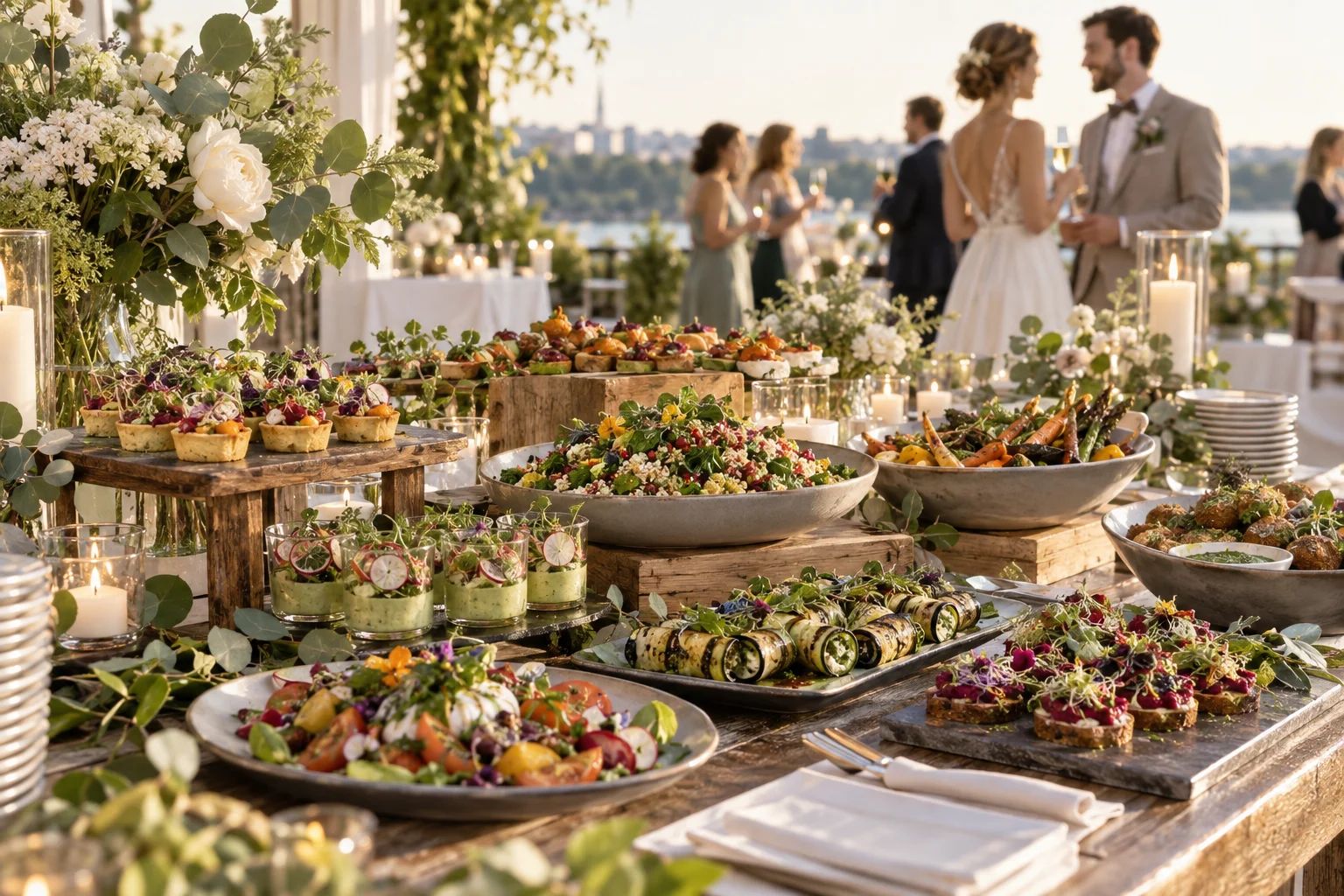 Vegetarisches und veganes Catering für Ihre Hochzeit Vegie / Vegan Catering in Deutschland: festlich angerichtetes Hochzeitsbuffet mit Gemüse, Salaten und Hummus