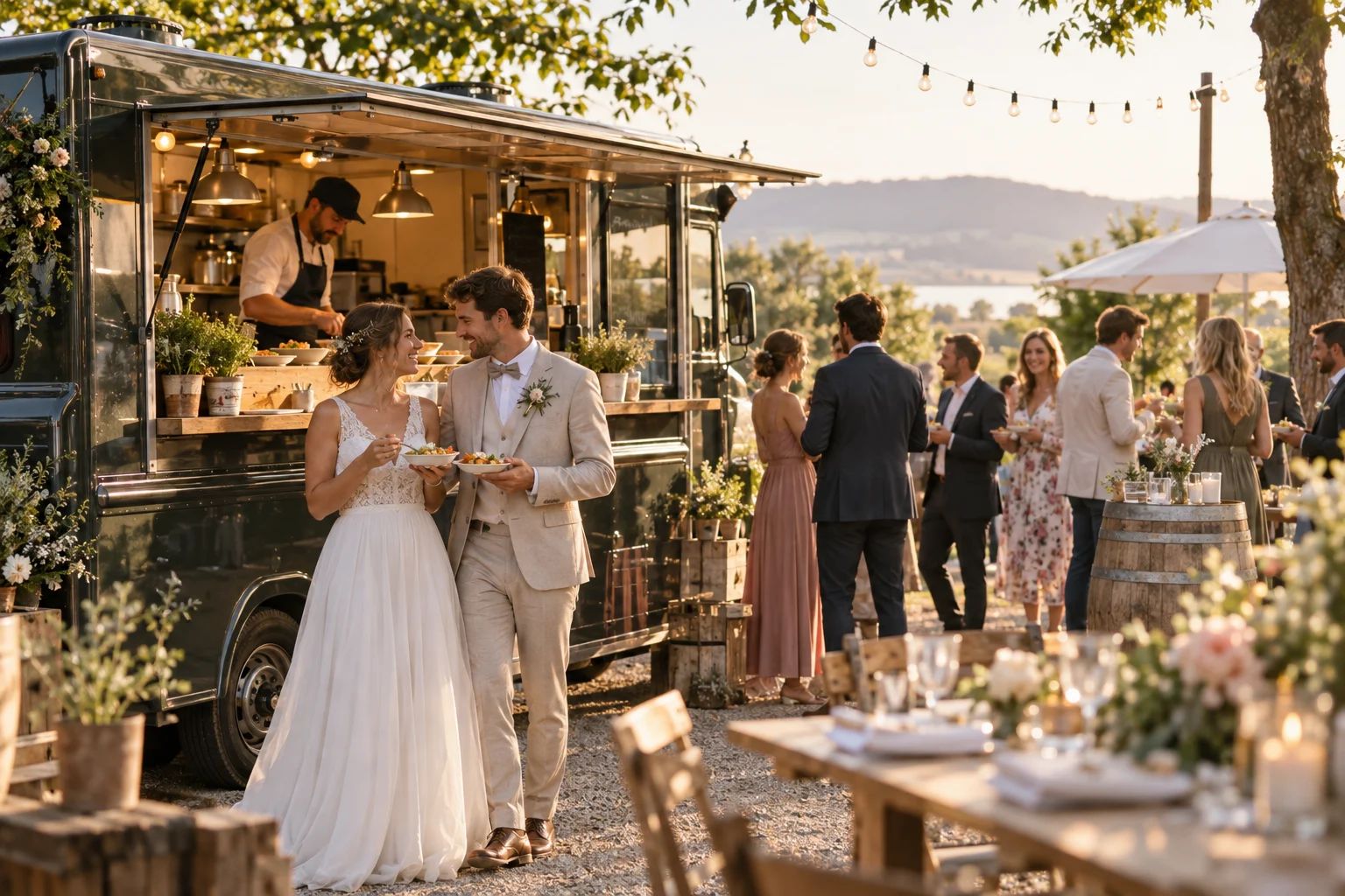 Food Tuck – mobiles Catering für euren Hochzeitstag Food Tuck für eine Hochzeit in Deutschland: Foodtruck mit offener Ausgabetheke neben festlich gedeckten Tischen