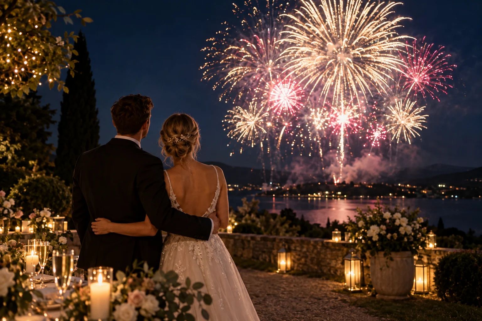 Feuerwerk zur Hochzeit – ein glanzvoller Moment Goldenes Feuerwerk über einer festlich beleuchteten Hochzeitslocation in Deutschland