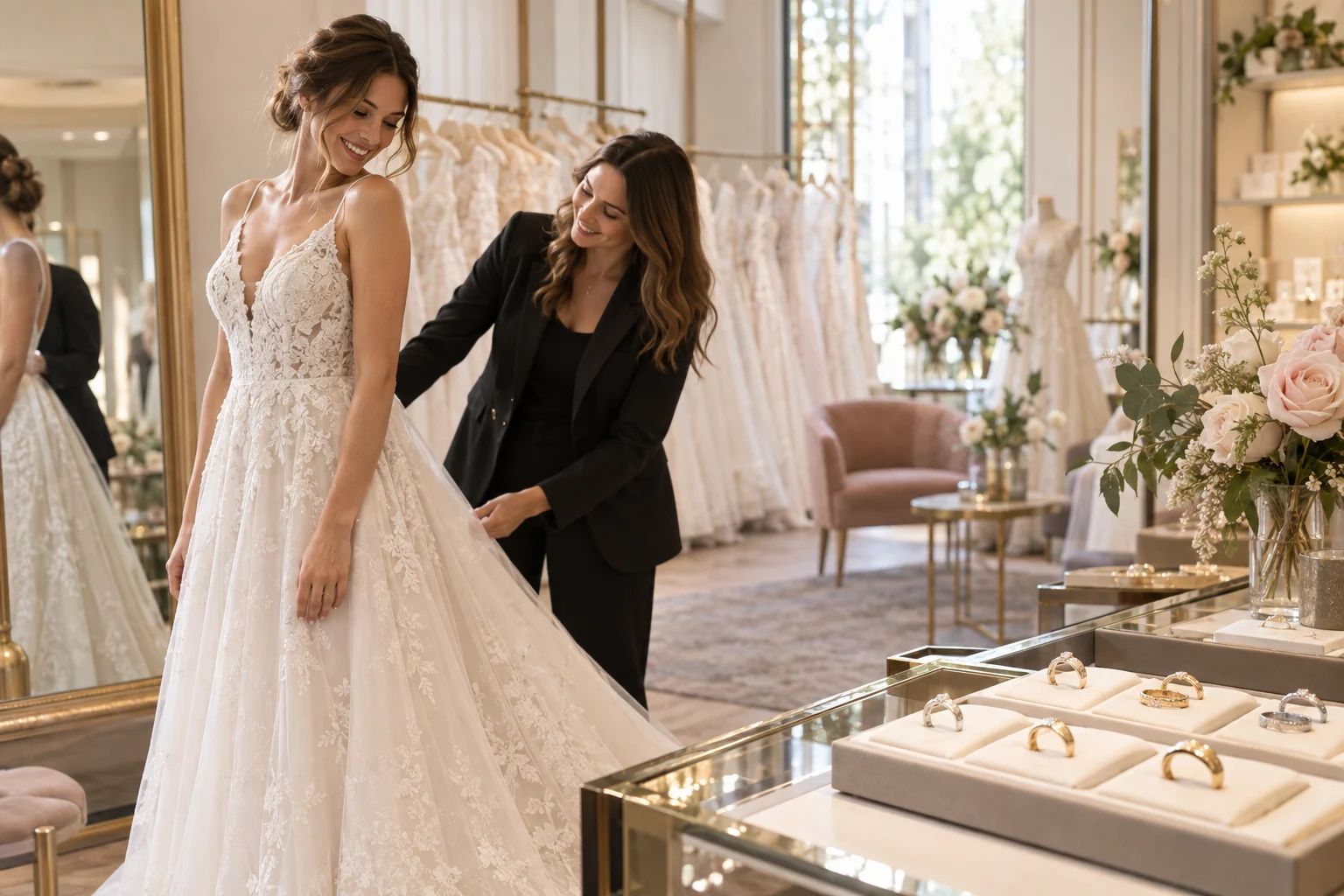 Brautmode & Ringe – persönliche Details für euren Hochzeitstag Brautmode & Ringe in Deutschland: Brautkleid aus Spitze neben zwei Trauringen auf einem cremefarbenen Ringkissen