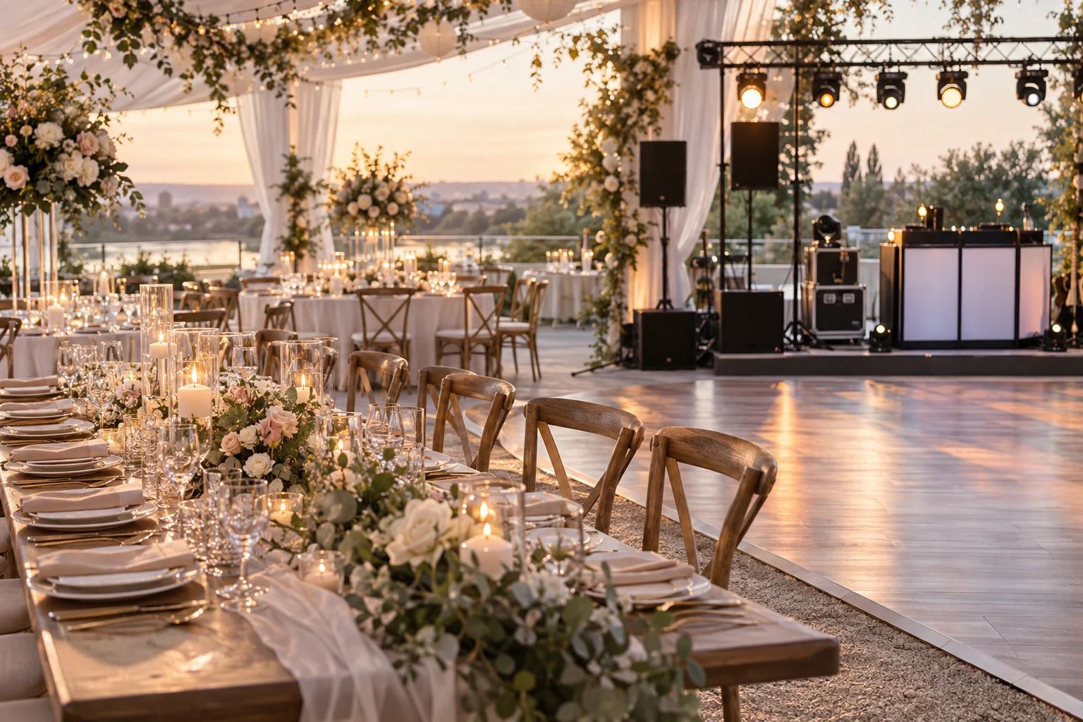 Stilvolles Equipment für Hochzeiten in Deutschland Equipment für Hochzeiten in Deutschland: festlich gedeckte Tische, elegante Stühle und warme Beleuchtung