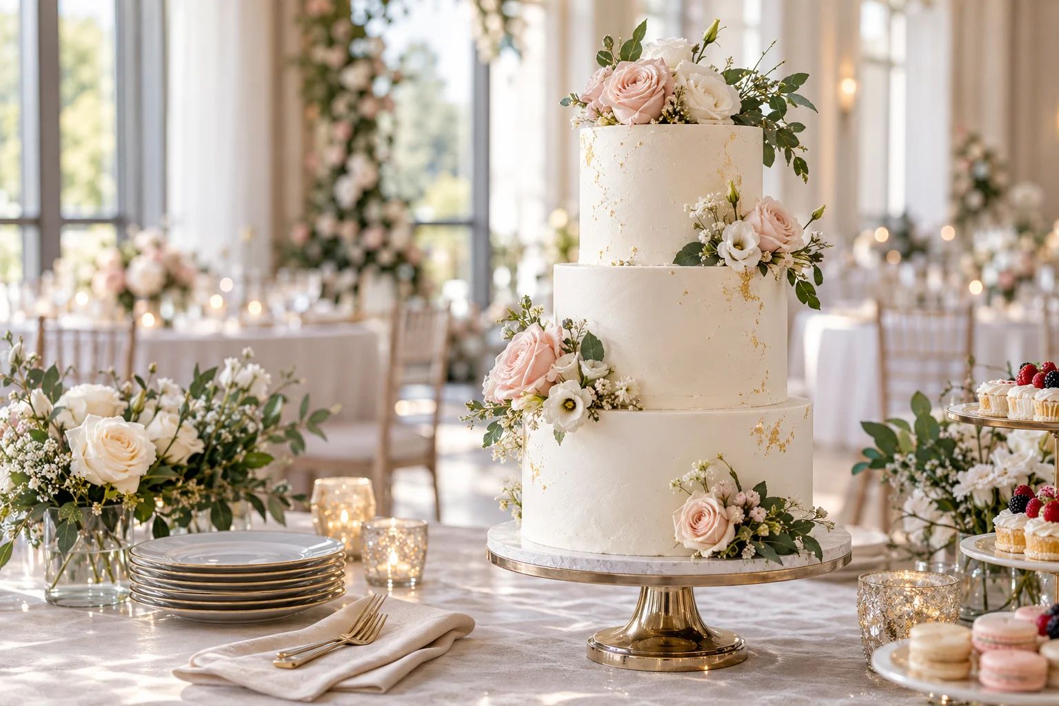 Hochzeitstorte & Konditoreien in Deutschland Dreistöckige Hochzeitstorte mit weißen Blüten auf einem festlich gedeckten Tortentisch in Deutschland