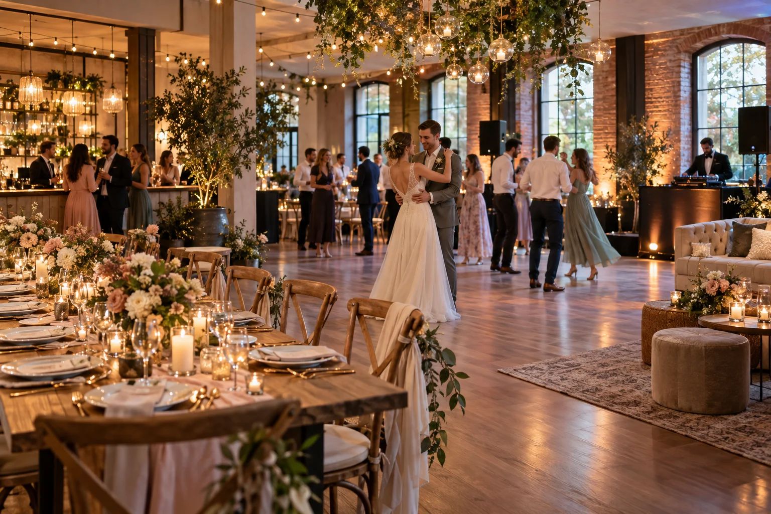 Partyräume für eure Hochzeitsfeier Partyräume für Hochzeiten in Deutschland: festlich gedeckte Tafel mit Blumen und freier Tanzfläche