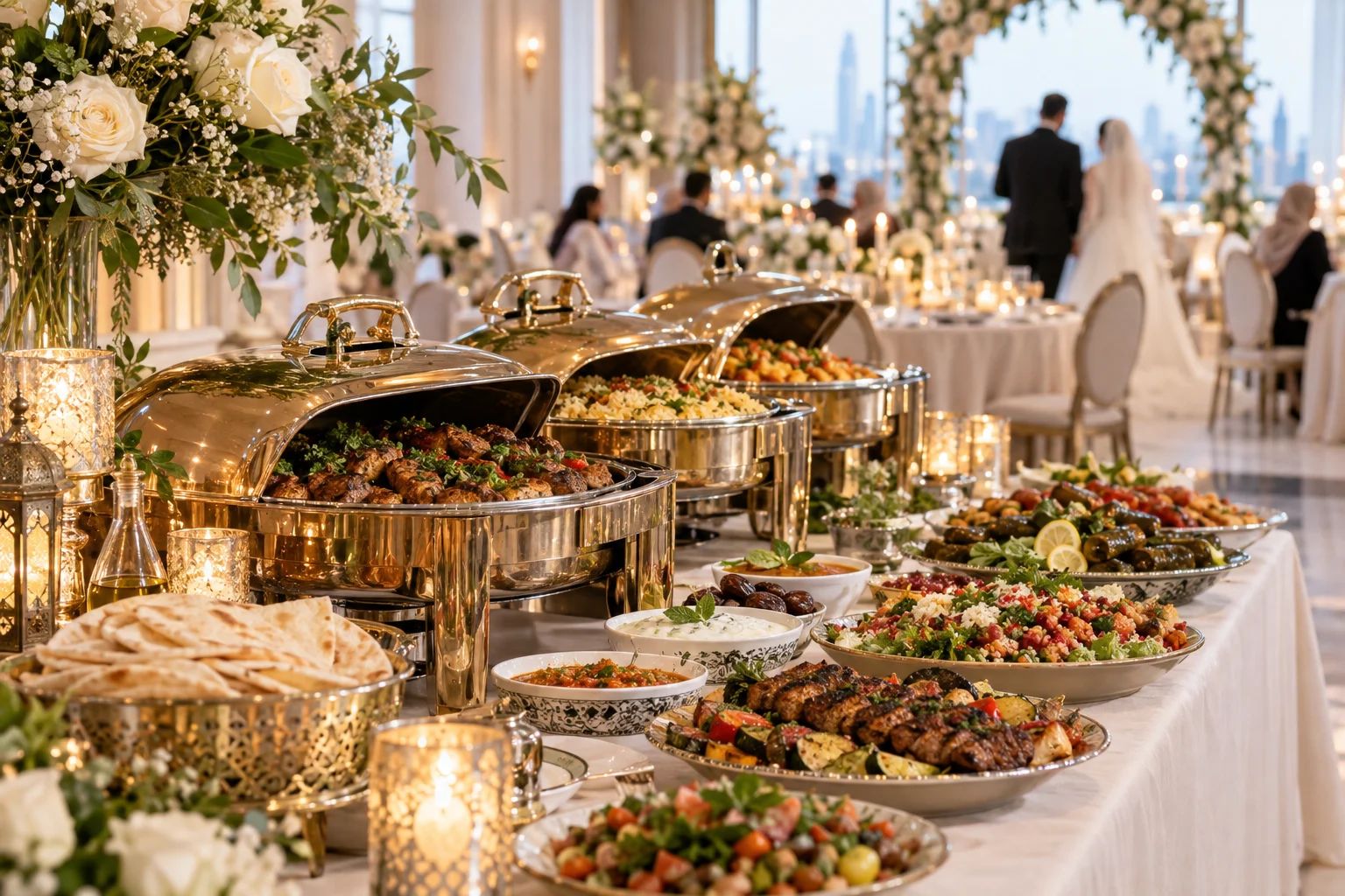 Halal Catering für eure festliche Hochzeit in Deutschland Halal Catering für eine Hochzeit in Deutschland: festlich gedecktes Buffet mit Reis, Gemüse und Salaten