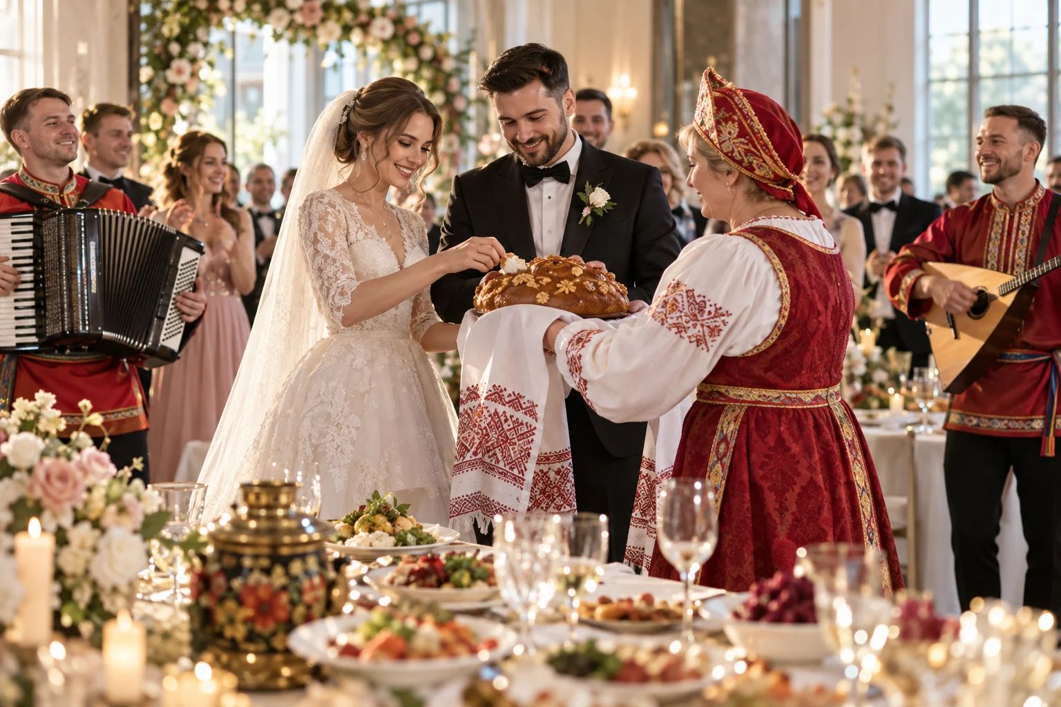 Russische Hochzeit – euer Fest mit persönlichen Traditionen Russische Hochzeit in Deutschland: festlich gedeckte Tafel mit Blumen, Kerzen und Platten mit Vorspeisen