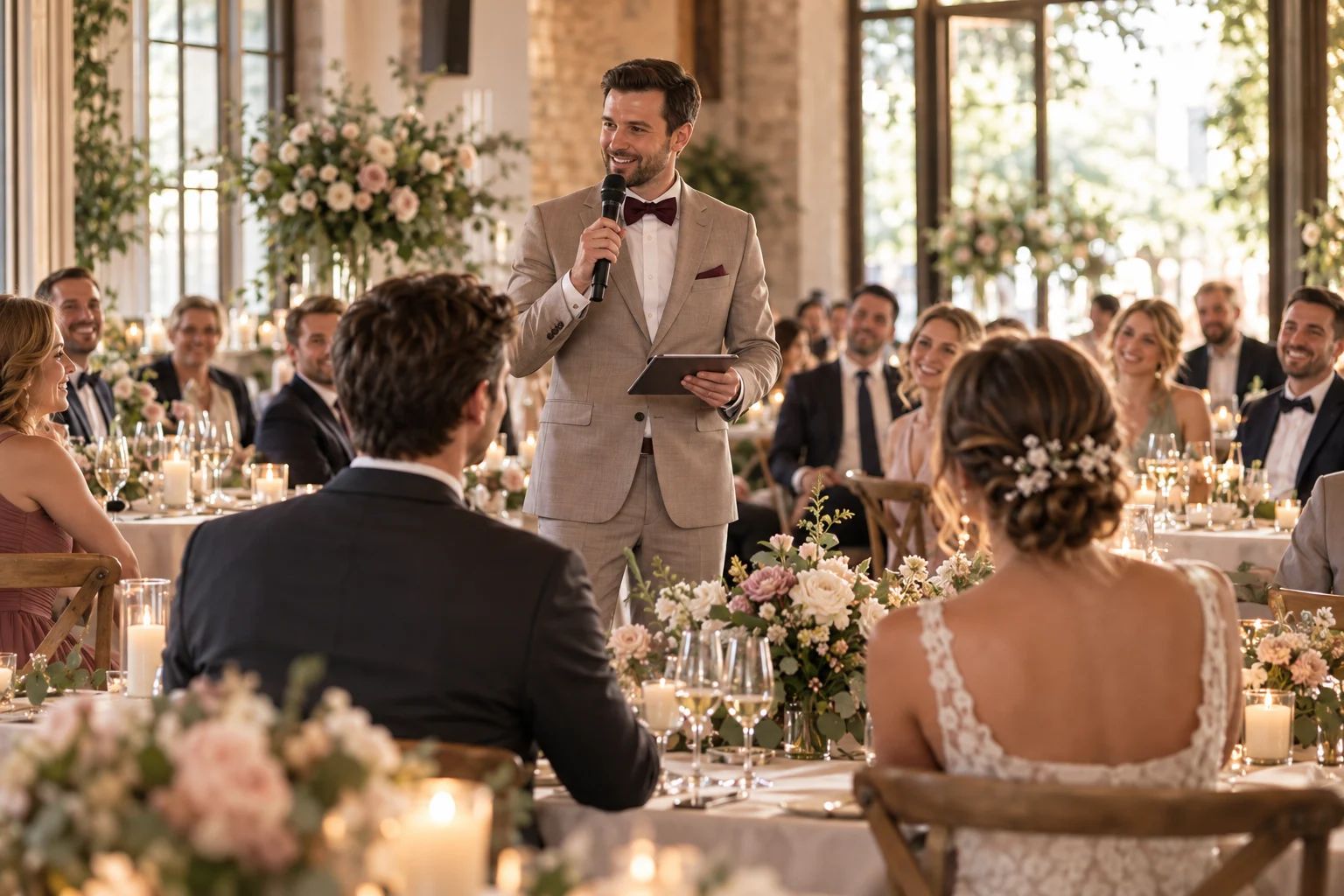 Hochzeitsmoderation – mit Feingefühl durch euren Festtag Moderation einer Hochzeit in Deutschland: Person mit Mikrofon vor Gästen an festlich gedeckten Tischen