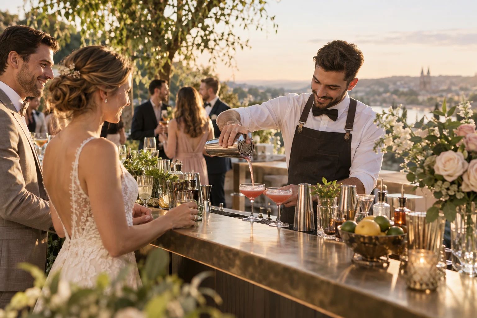 Barkeeper & Barpersonal für euren Hochzeitstag Barkeeper & Barpersonal bei einer Hochzeit in Deutschland: Ein Barkeeper garniert Cocktails an einer festlichen Bar