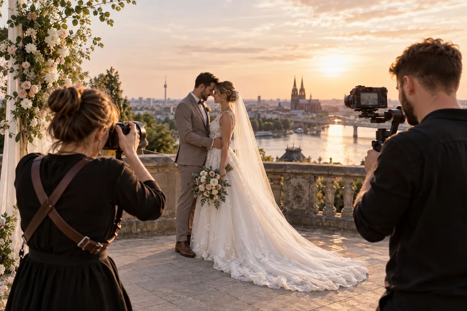 Fotografie & Video für unvergessliche Hochzeiten in Deutschland Fotografie & Video in Deutschland: Hochzeitsfotograf mit Kamera vor einem Brautpaar beim Paarshooting
