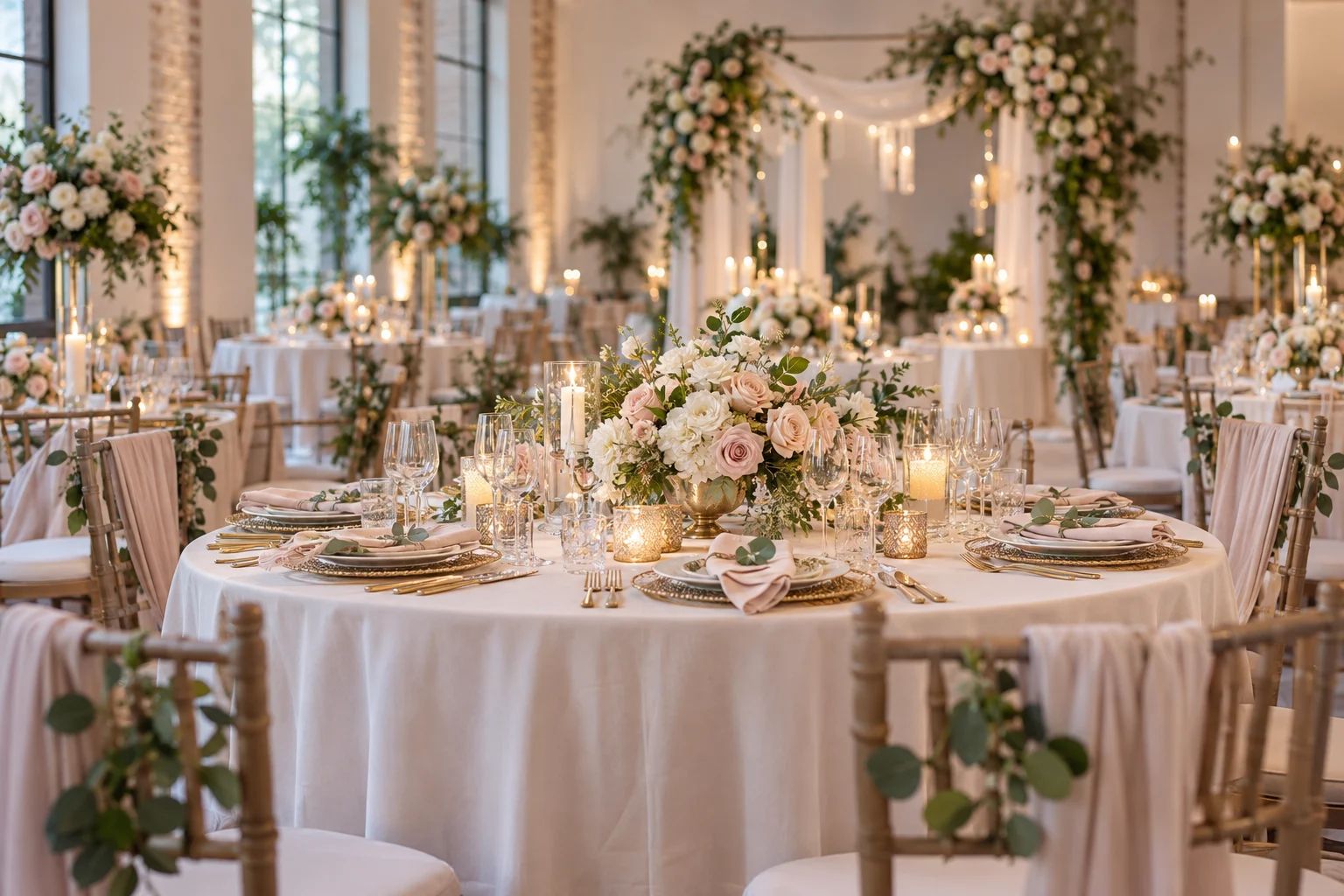 Stilvolle Hochzeitsdeko für eure Hochzeit in Deutschland Hochzeitsdeko in Deutschland: festlich gedeckte Tafel mit weißen Blumen, Kerzen und eleganten Stoffservietten