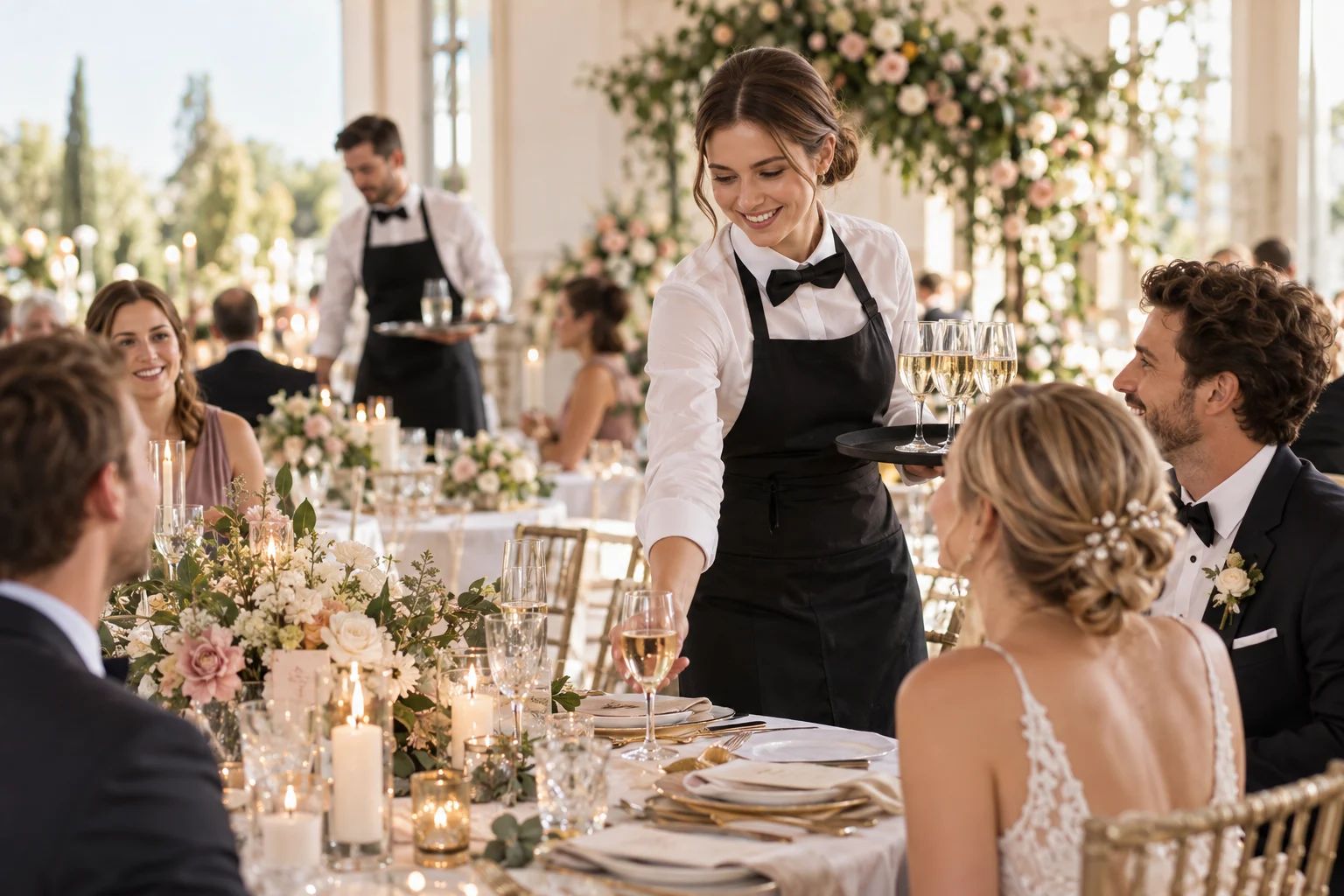 Servicepersonal für eure Hochzeit – mit Liebe zum Detail Servicepersonal reicht Getränke an einer mit Blumen gedeckten Hochzeitstafel in Deutschland