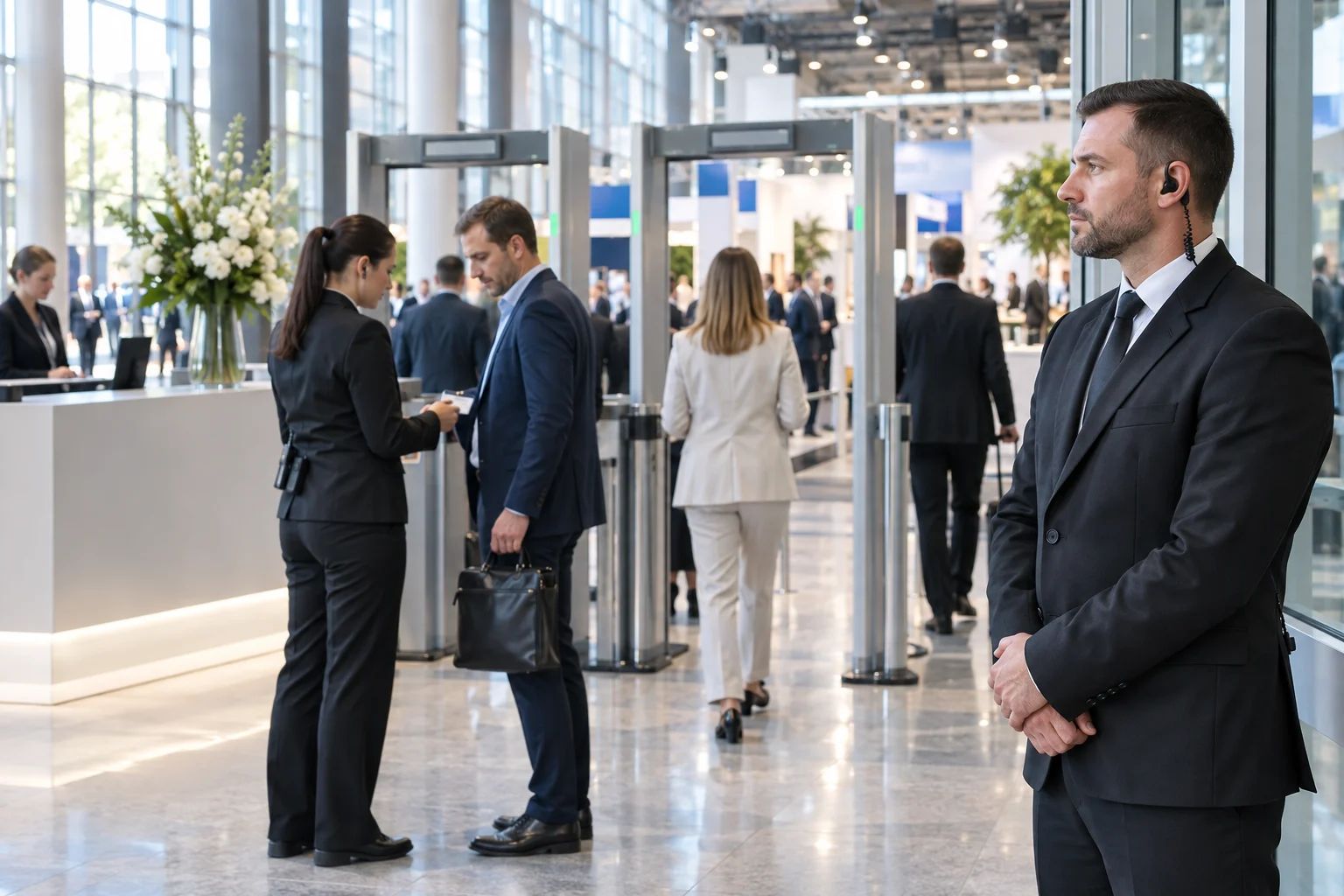 Sicherheitsunternehmen für Messen und Business-Events Mitarbeiter eines Sicherheitsunternehmens prüfen Besucherausweise am Messeeingang in Deutschland.