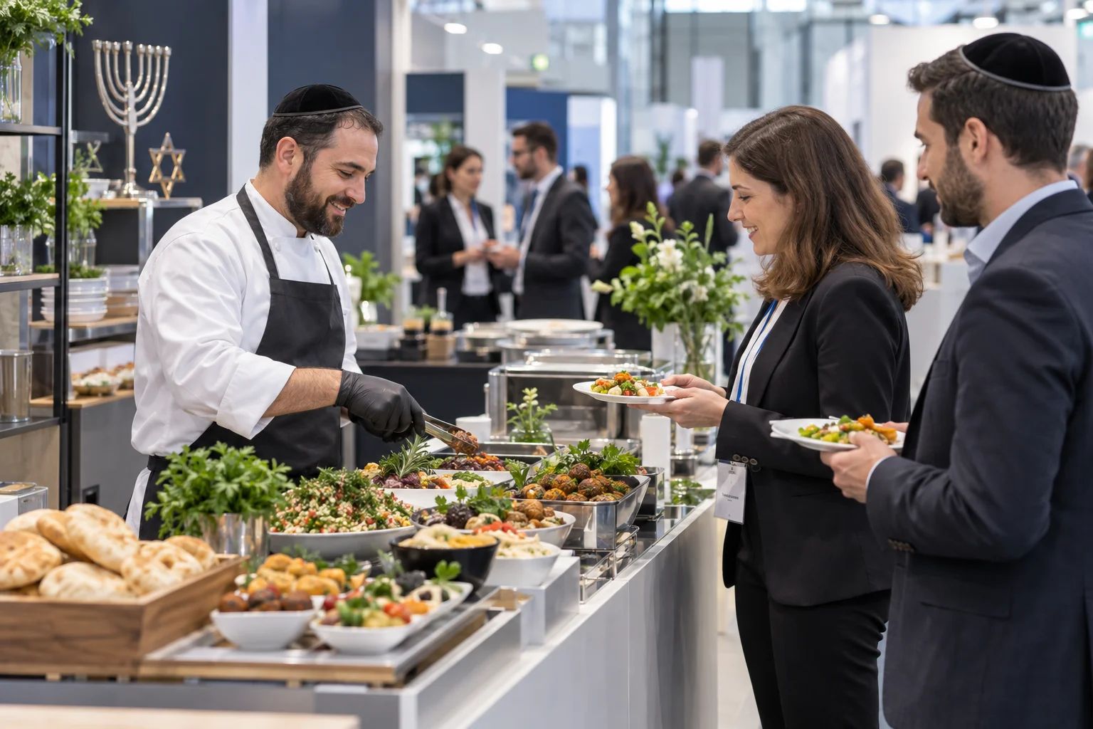 Koscheres Catering für Messen und Business-Events Koscheres Catering in Deutschland: angerichtete Häppchen auf einem Buffet an einem modernen Messestand