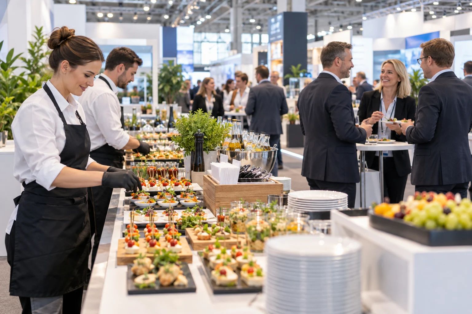 Messecatering für gastfreundliche Messeauftritte in der DACH-Region Messecatering in Deutschland: Fingerfood und Getränke auf einer Theke an einem modernen Messestand