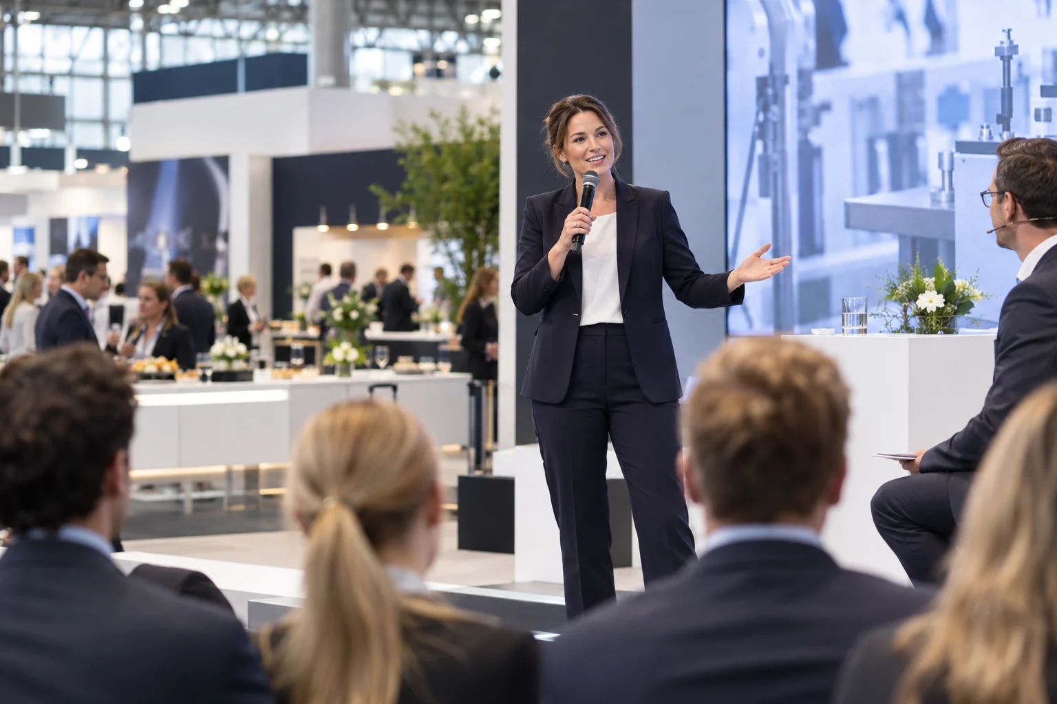 Moderation für Messen und Businessveranstaltungen im DACH-Raum Moderation auf einer Messe in Deutschland: Eine Moderatorin mit Mikrofon im Gespräch mit Gästen am Messestand