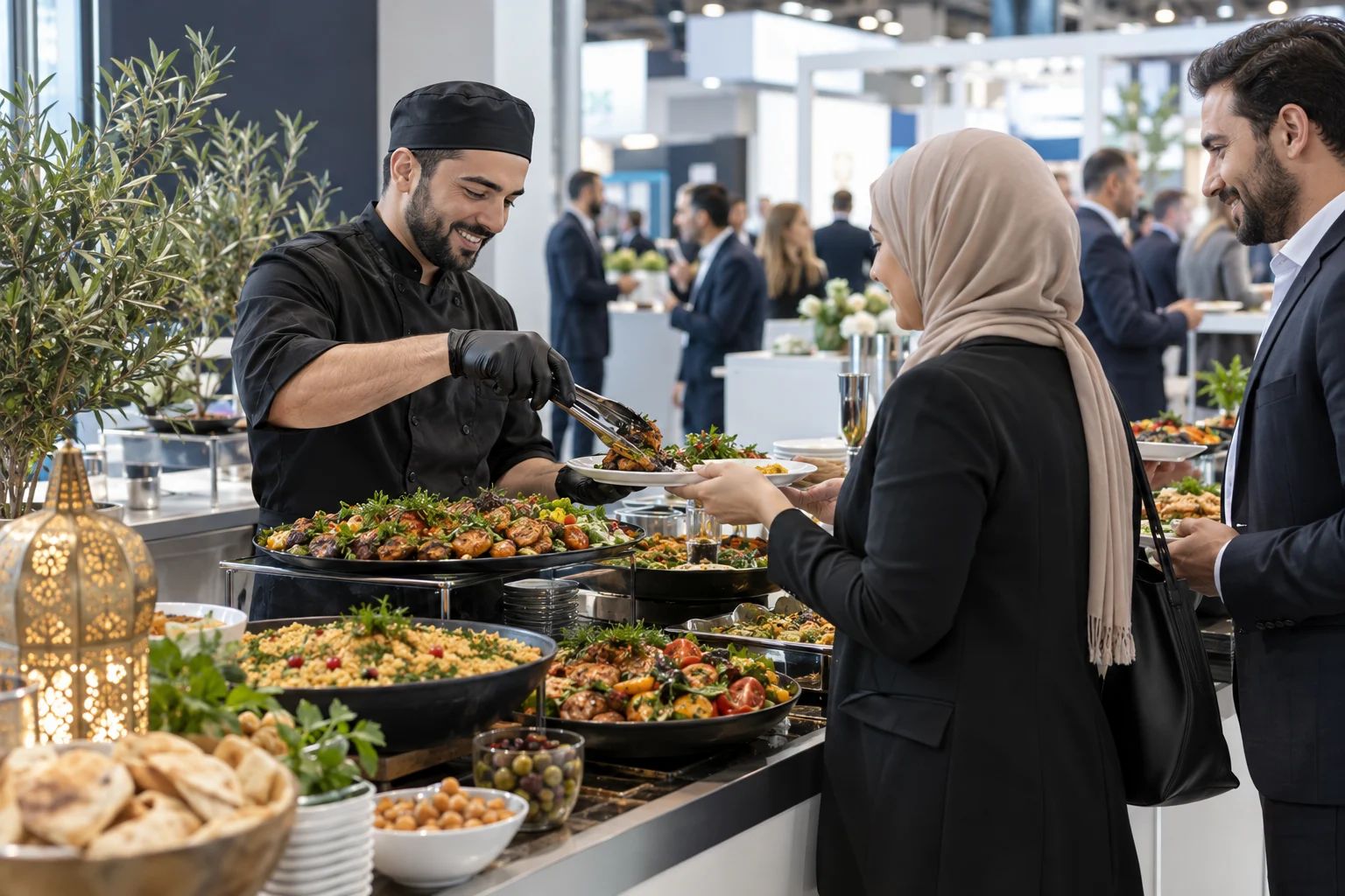 Halal Catering für Messen und Business-Events im DACH-Raum Halal Catering in Deutschland: angerichtete Speisen mit Zutatenkarten auf einem Buffet am modernen Messestand