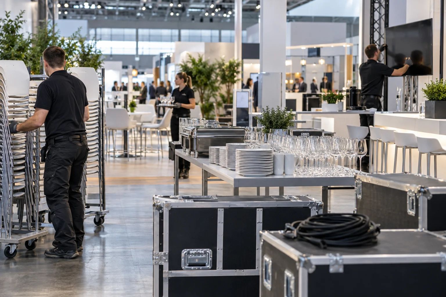 Equipment-Verleih für Messe und Business in der DACH-Region Equipment-Verleih für Messen in Deutschland: Stehtische, Barhocker, Gläser und Geschirr an einem modernen Messestand